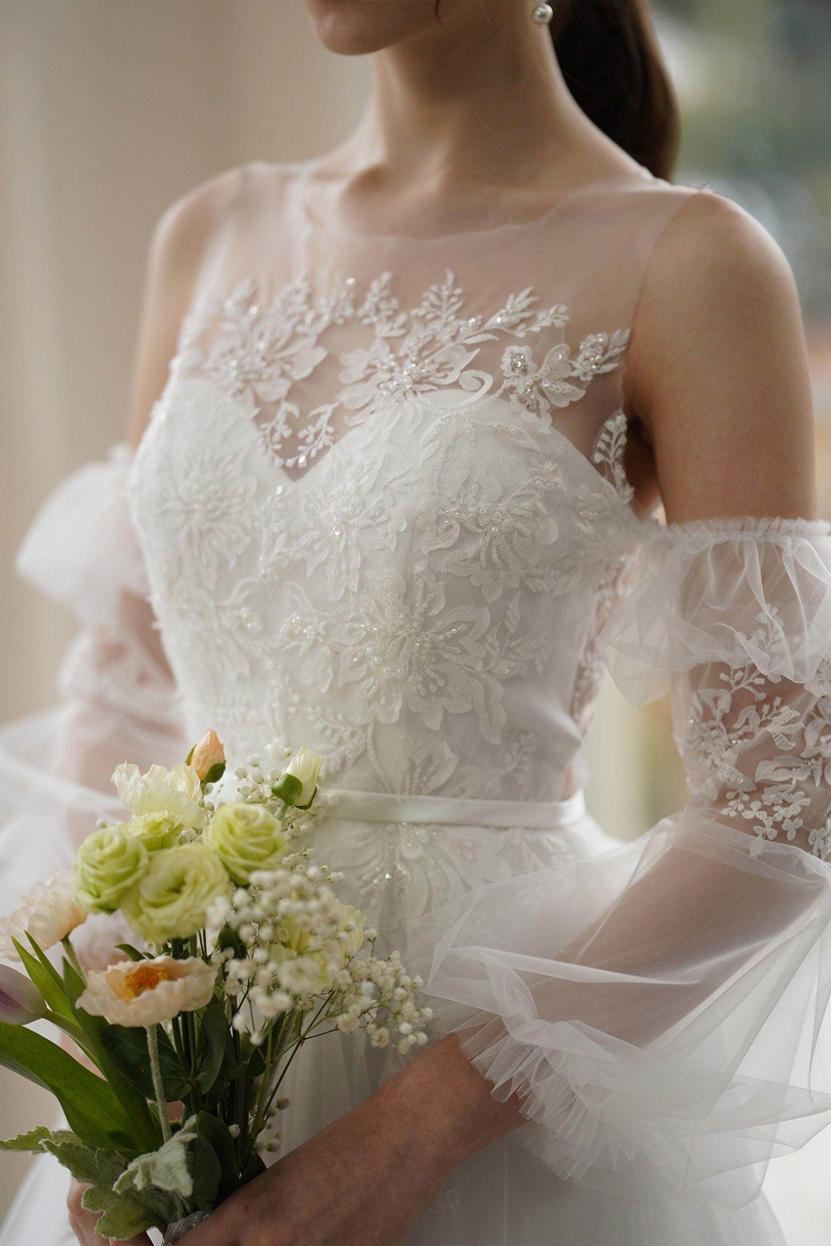 A-Line Sweep-Brush Train Lace Tulle Wedding Dress CW3309