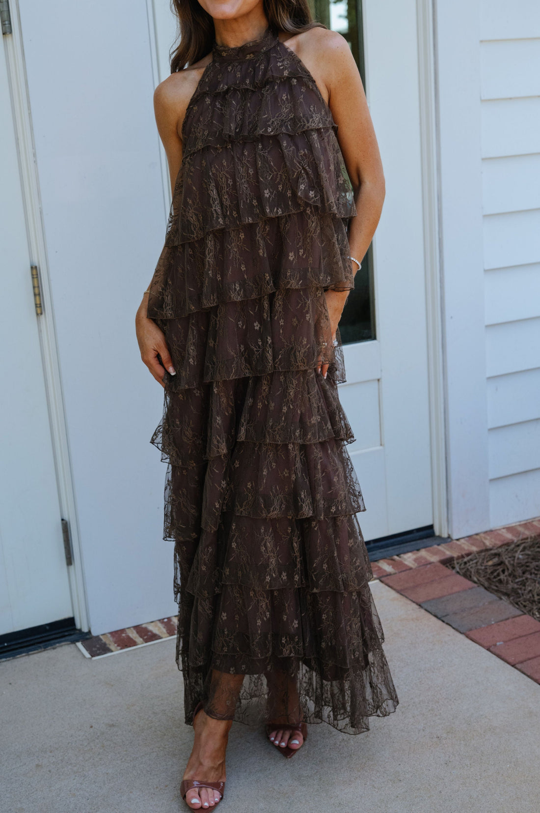 Ally Lace Tiered Halter Maxi Dress-Brown