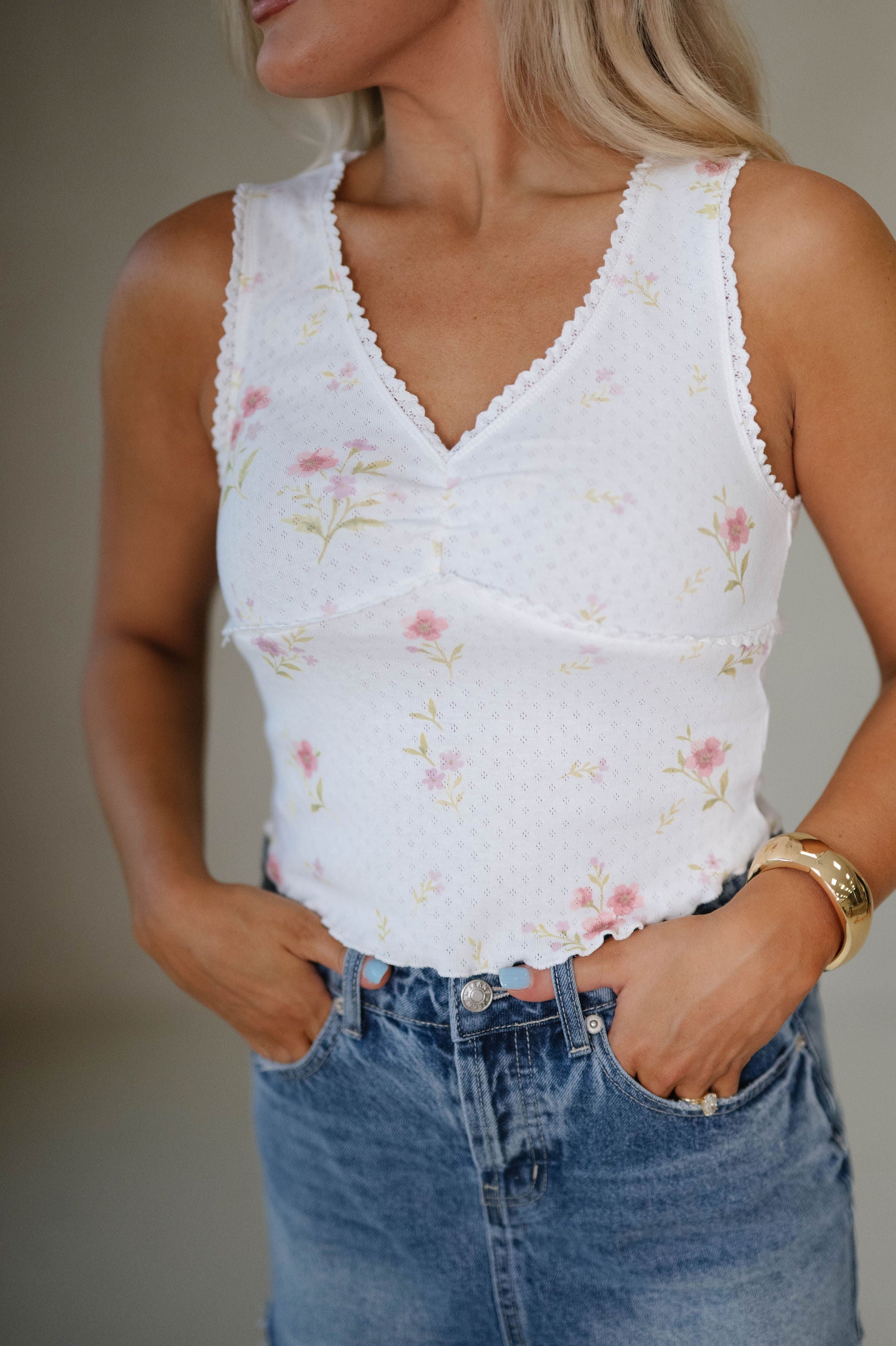Annabelle Floral Lace Trim Top-Off White/Pink