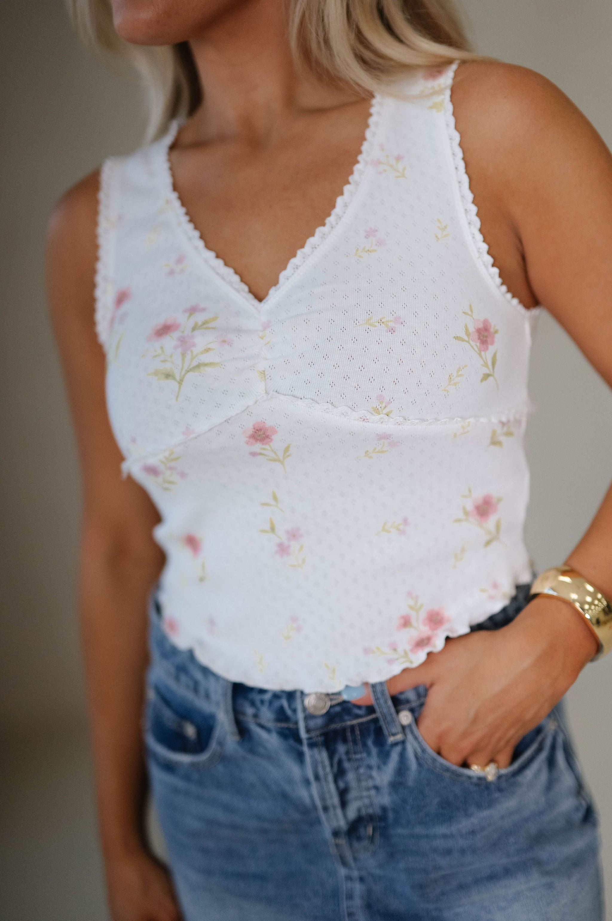 Annabelle Floral Lace Trim Top-Off White/Pink