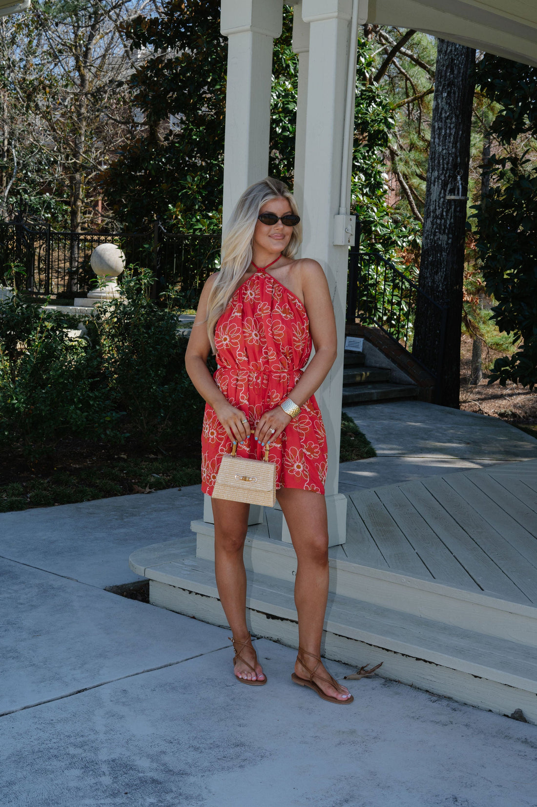 Archie Floral Halter Dress-Red