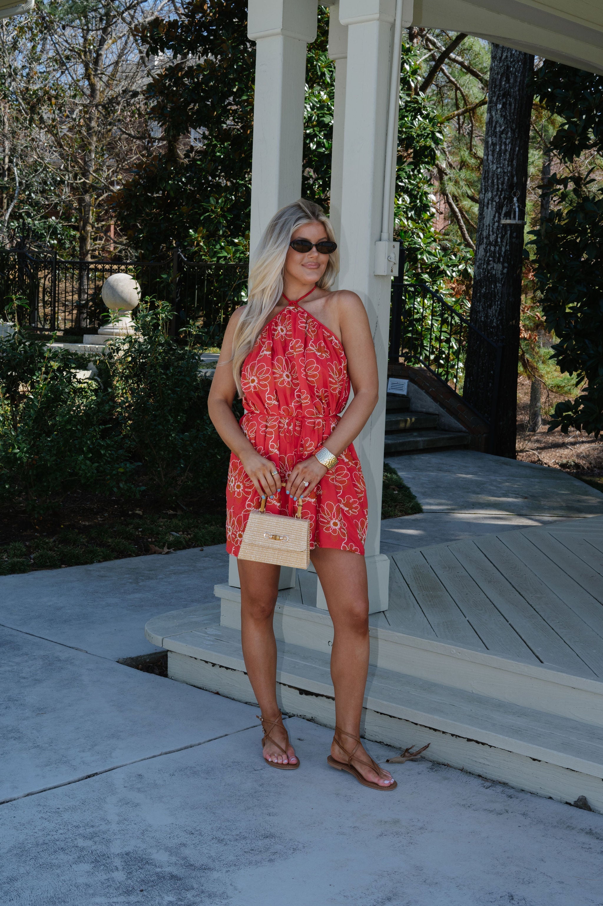 Archie Floral Halter Dress-Red