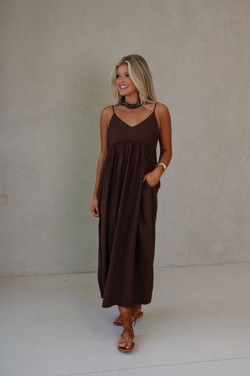 Allison Linen Cami Midi Dress-Brown