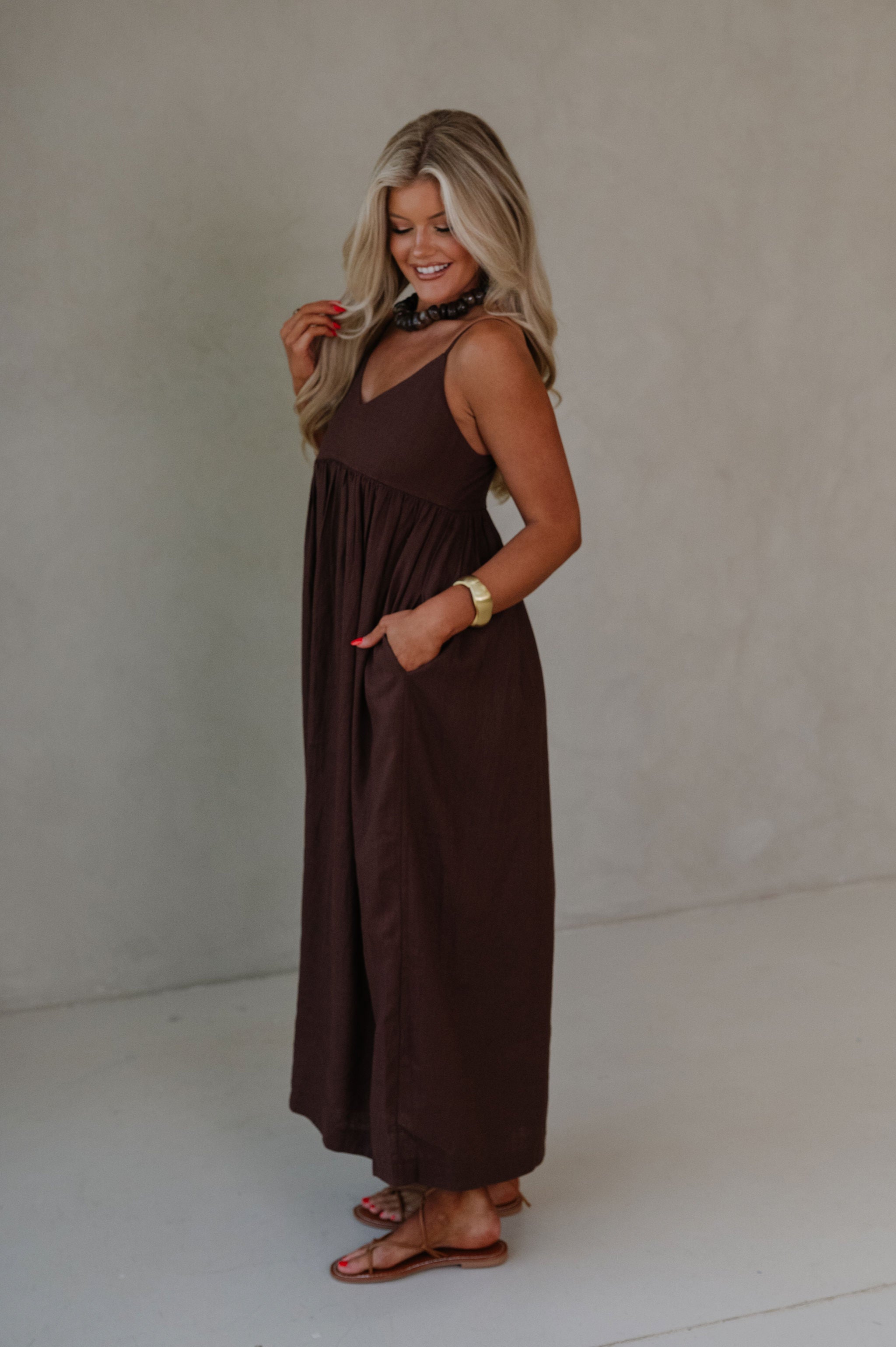 Allison Linen Cami Midi Dress-Brown