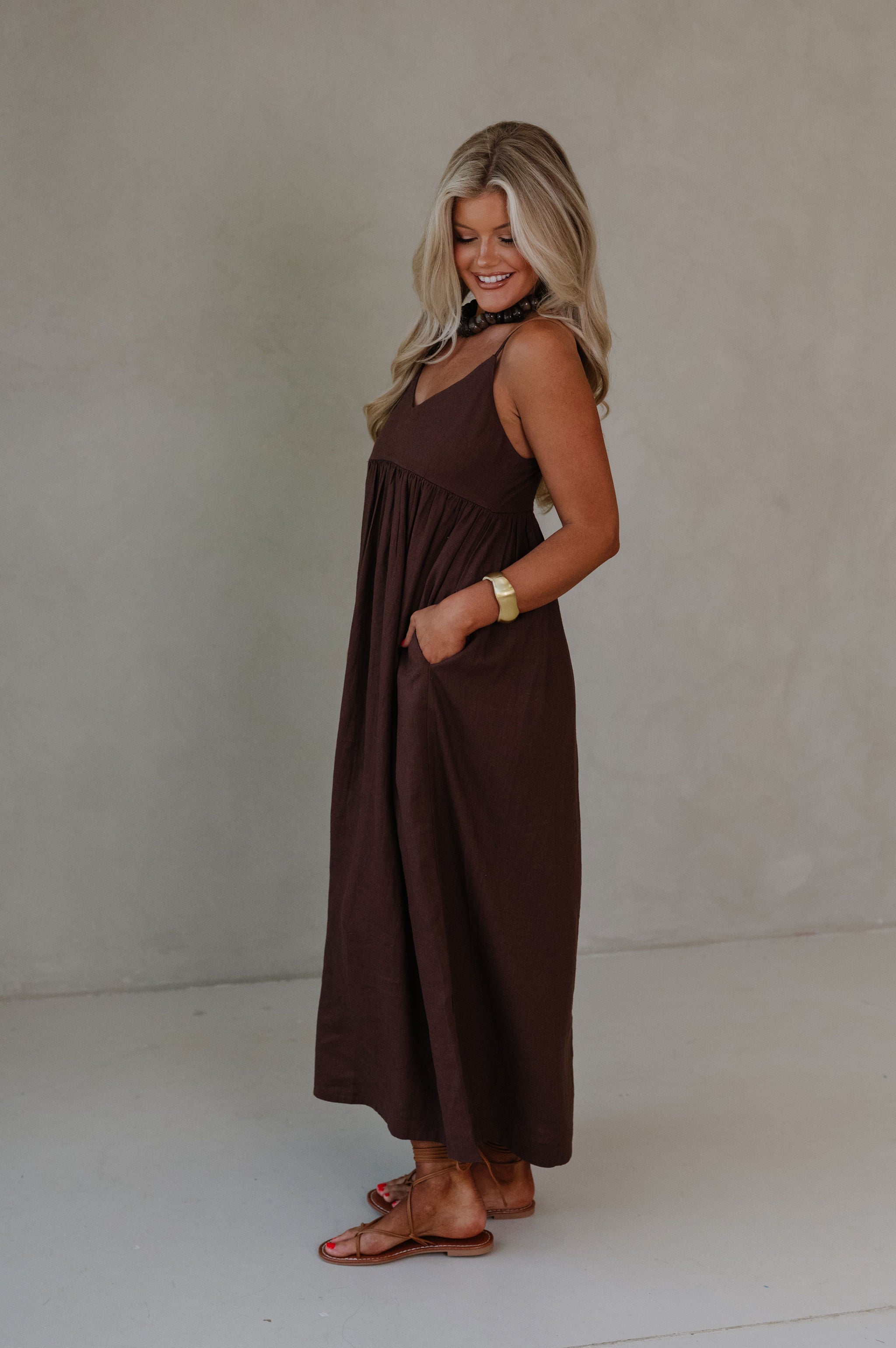 Allison Linen Cami Midi Dress-Brown