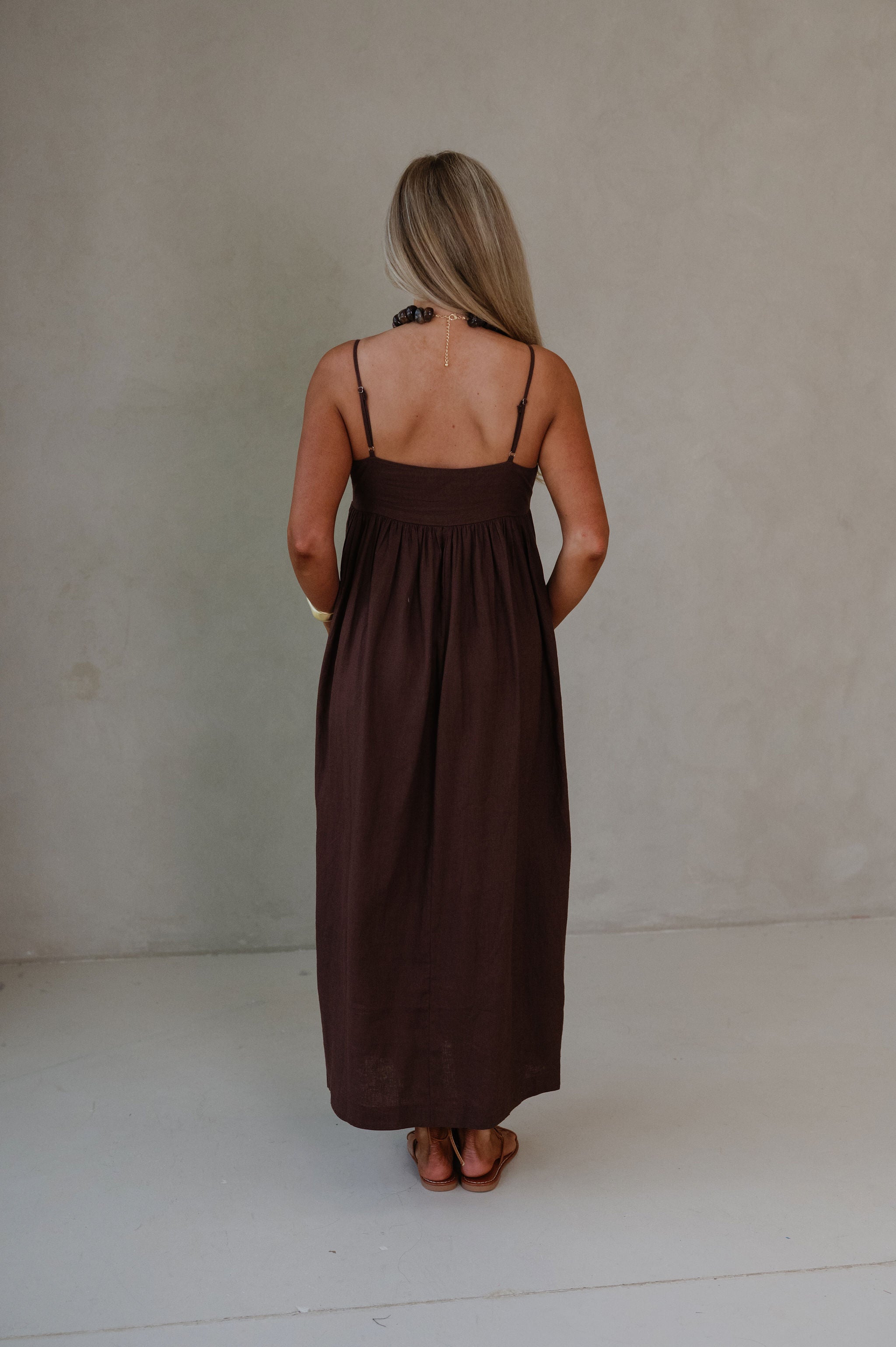 Allison Linen Cami Midi Dress-Brown