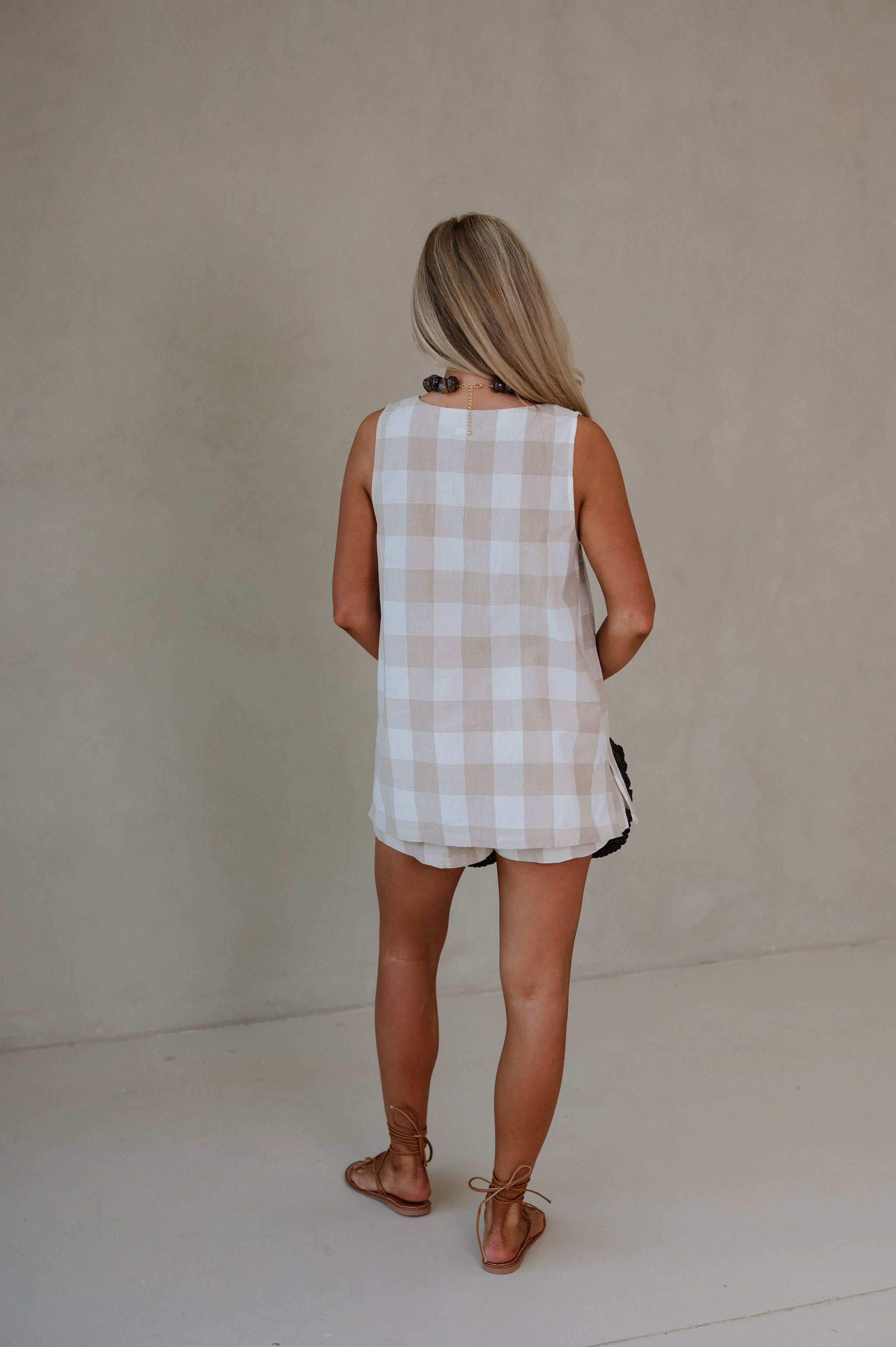 Amelia Gingham Shorts Set-Taupe/Off White