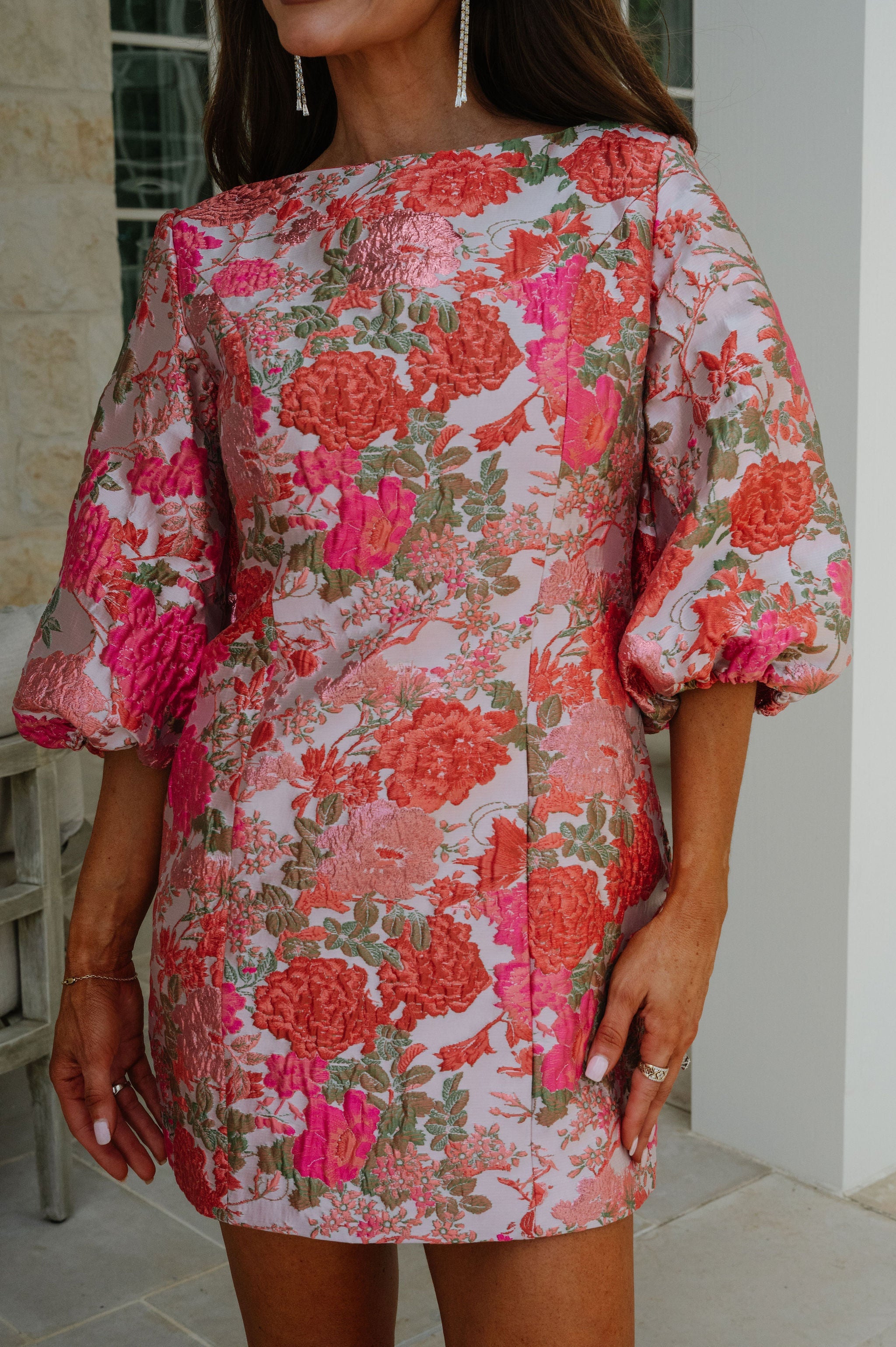 Amelia Jacquard Puff Sleeve Mini Dress