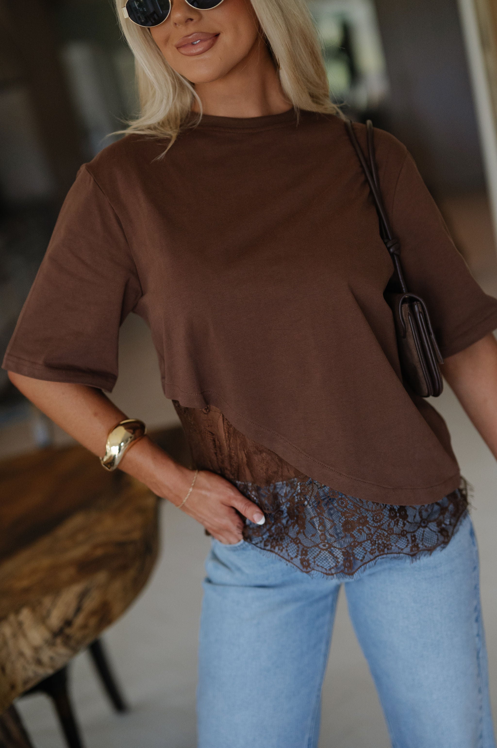 Addison Layered Hem Tee Top-Brown