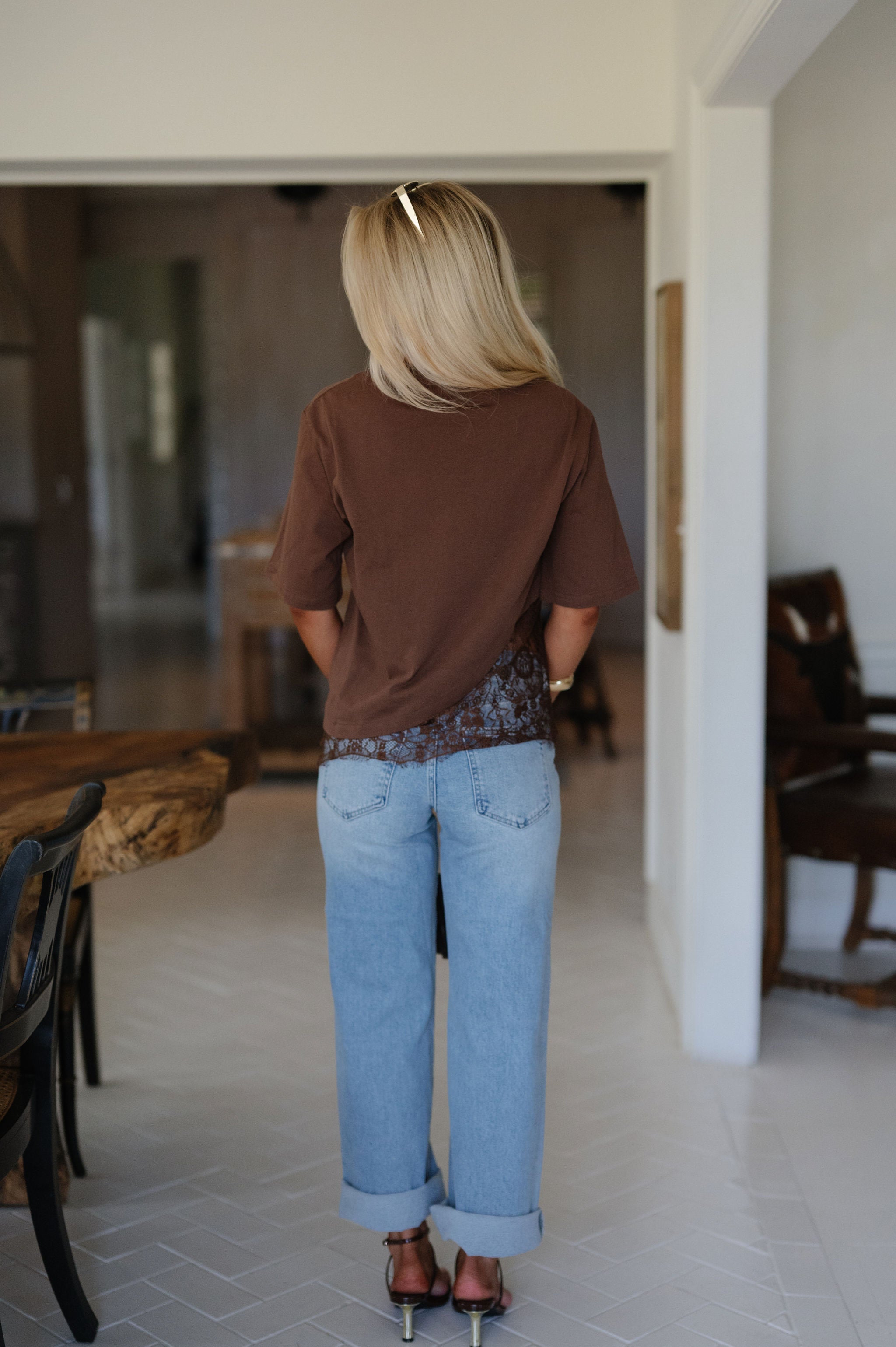Addison Layered Hem Tee Top-Brown