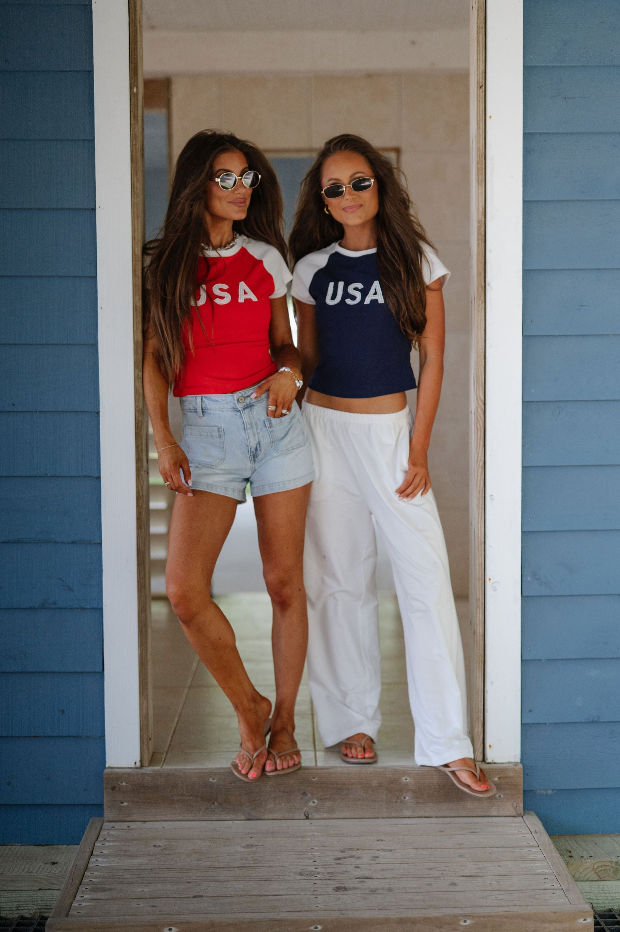 USA Color Block Baby Tee-Navy/White