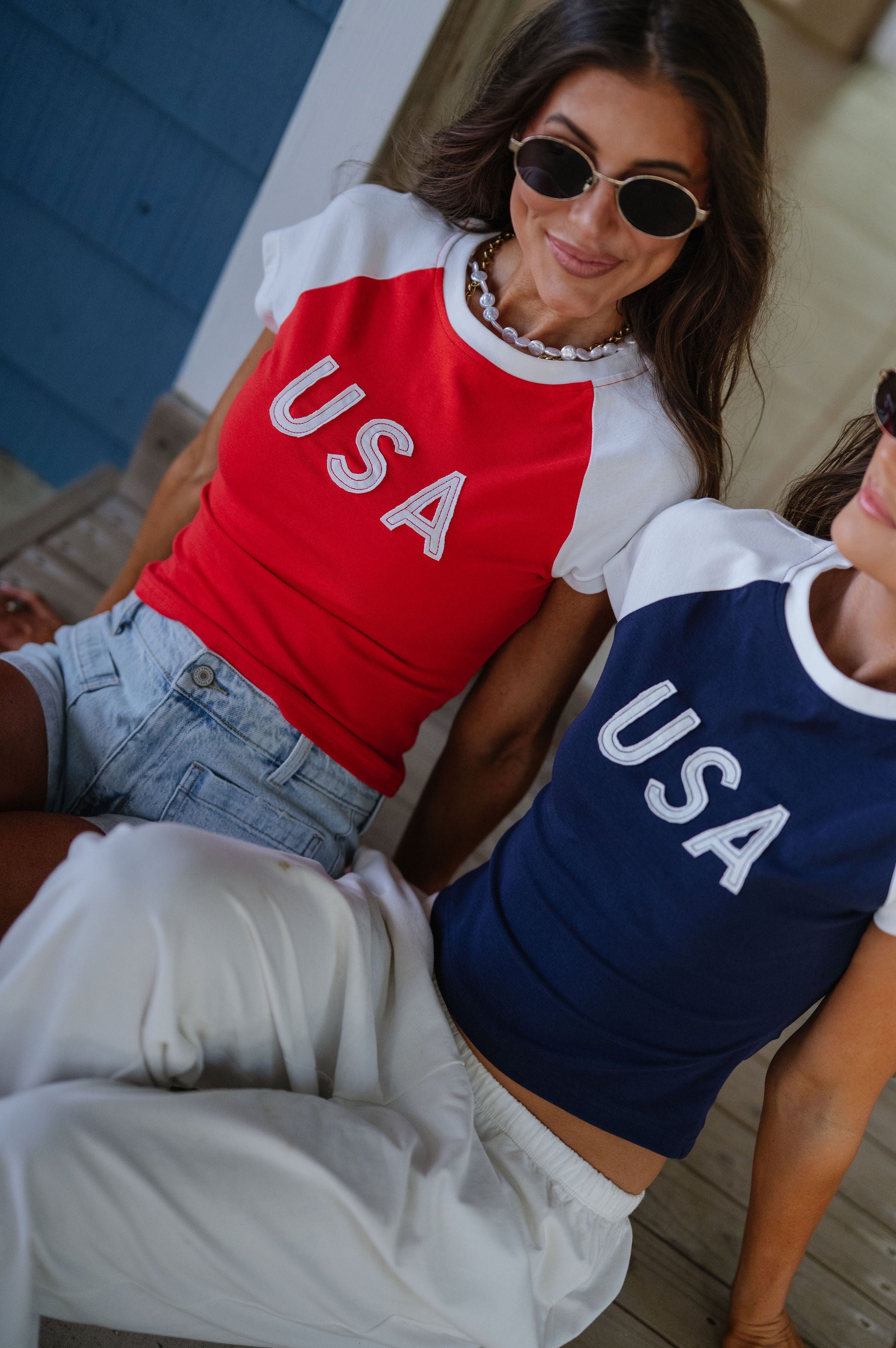 USA Color Block Baby Tee-Red/White