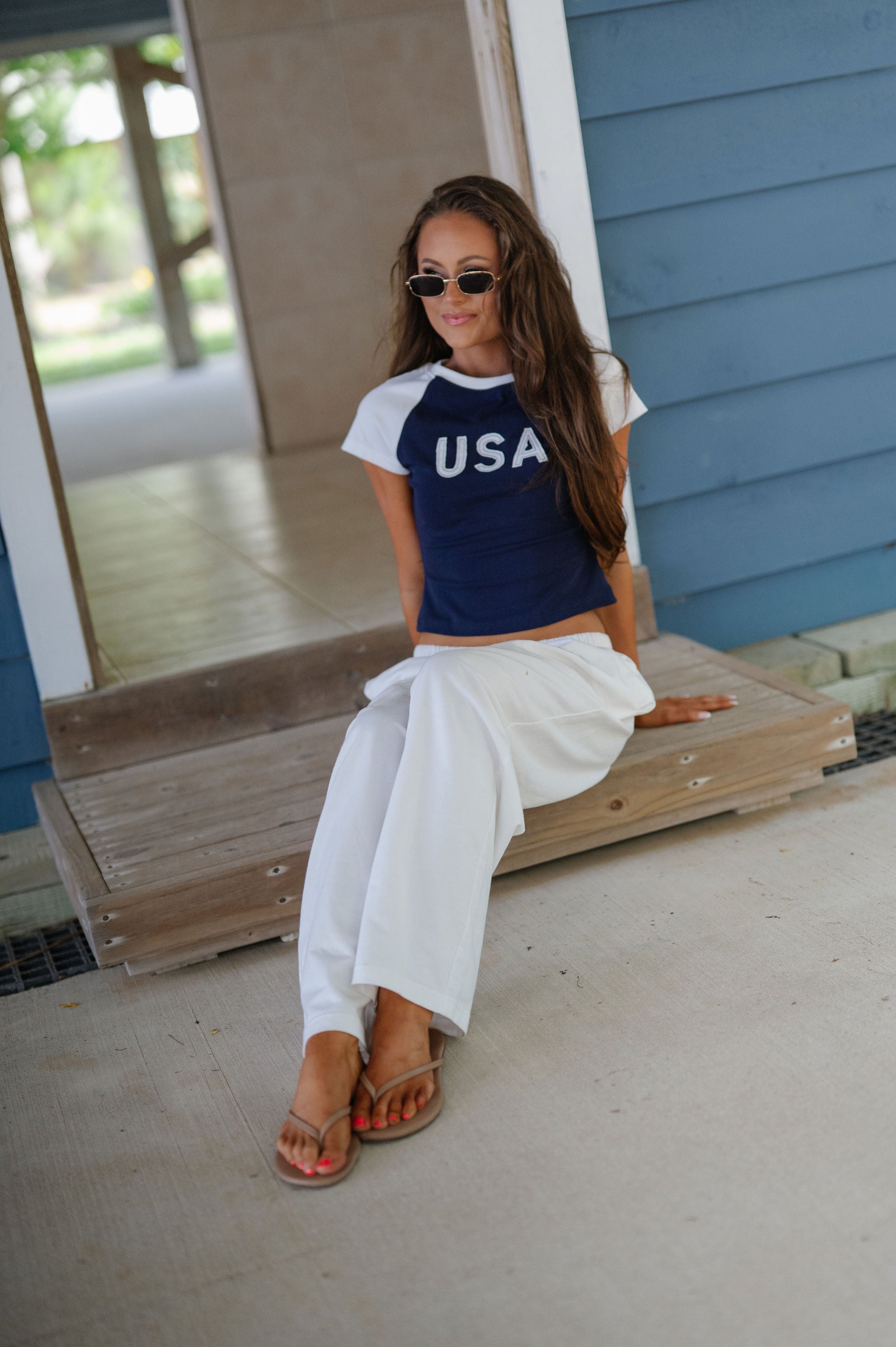 USA Color Block Baby Tee-Navy/White