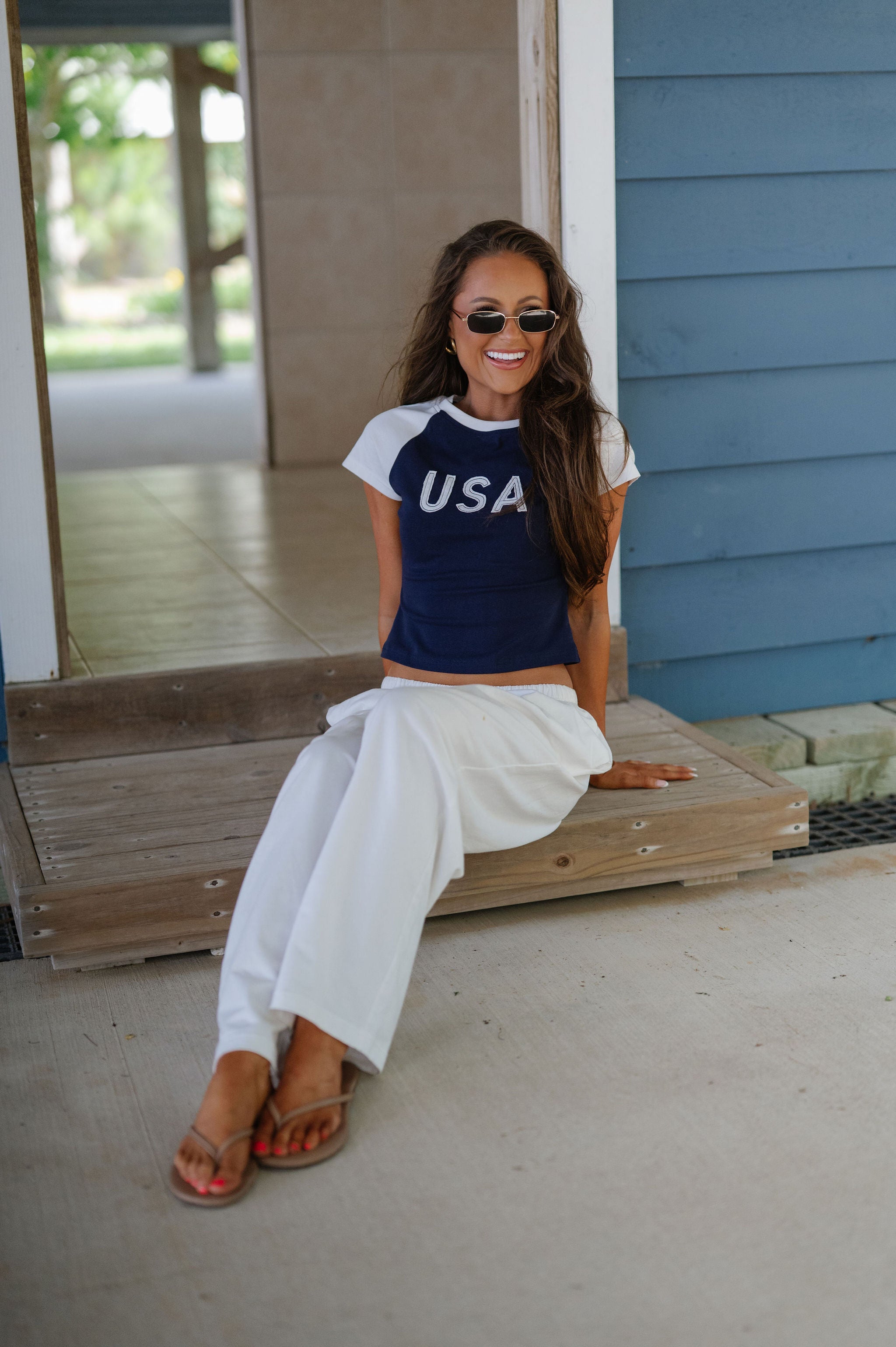 USA Color Block Baby Tee-Navy/White