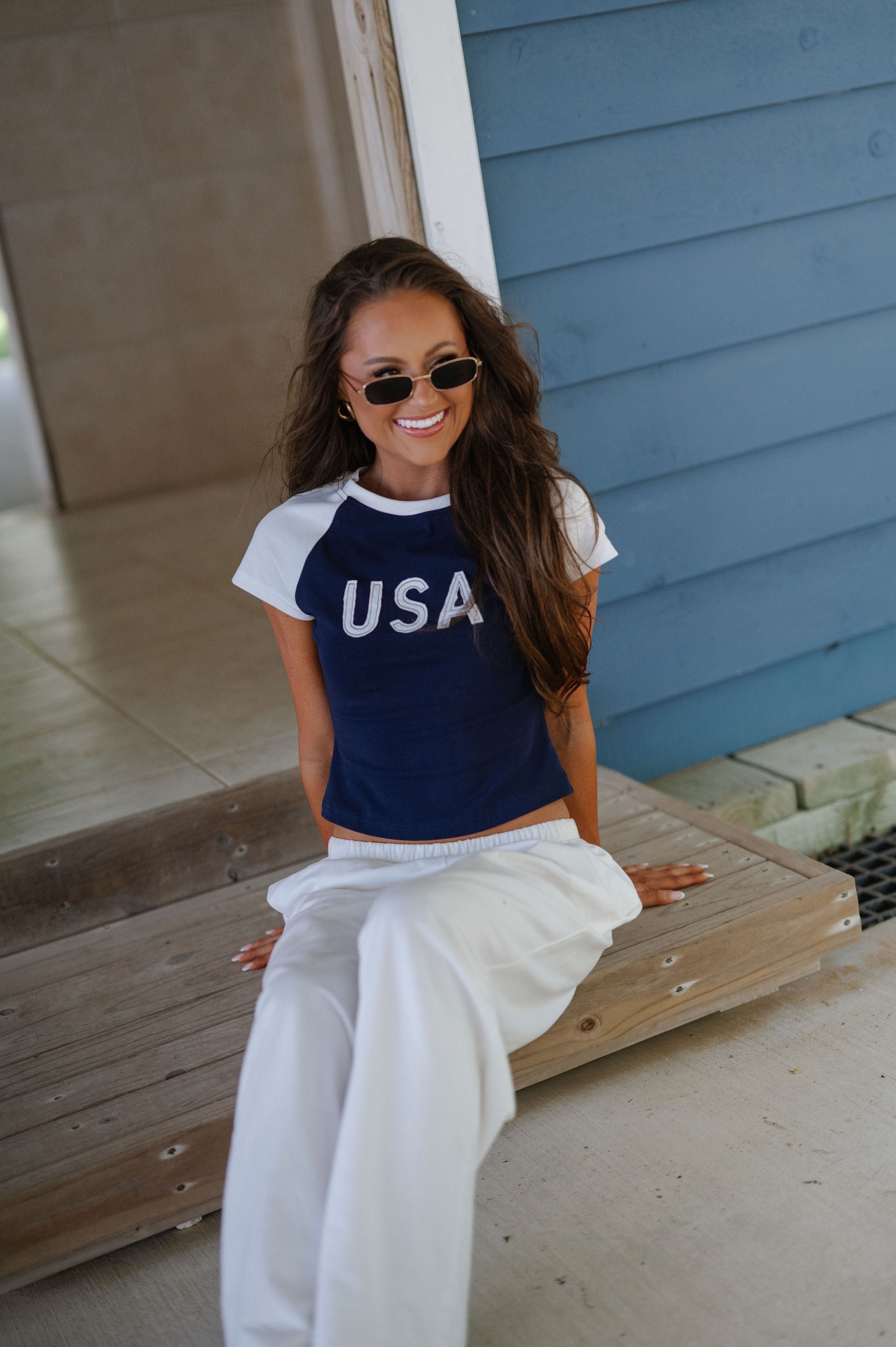 USA Color Block Baby Tee-Navy/White