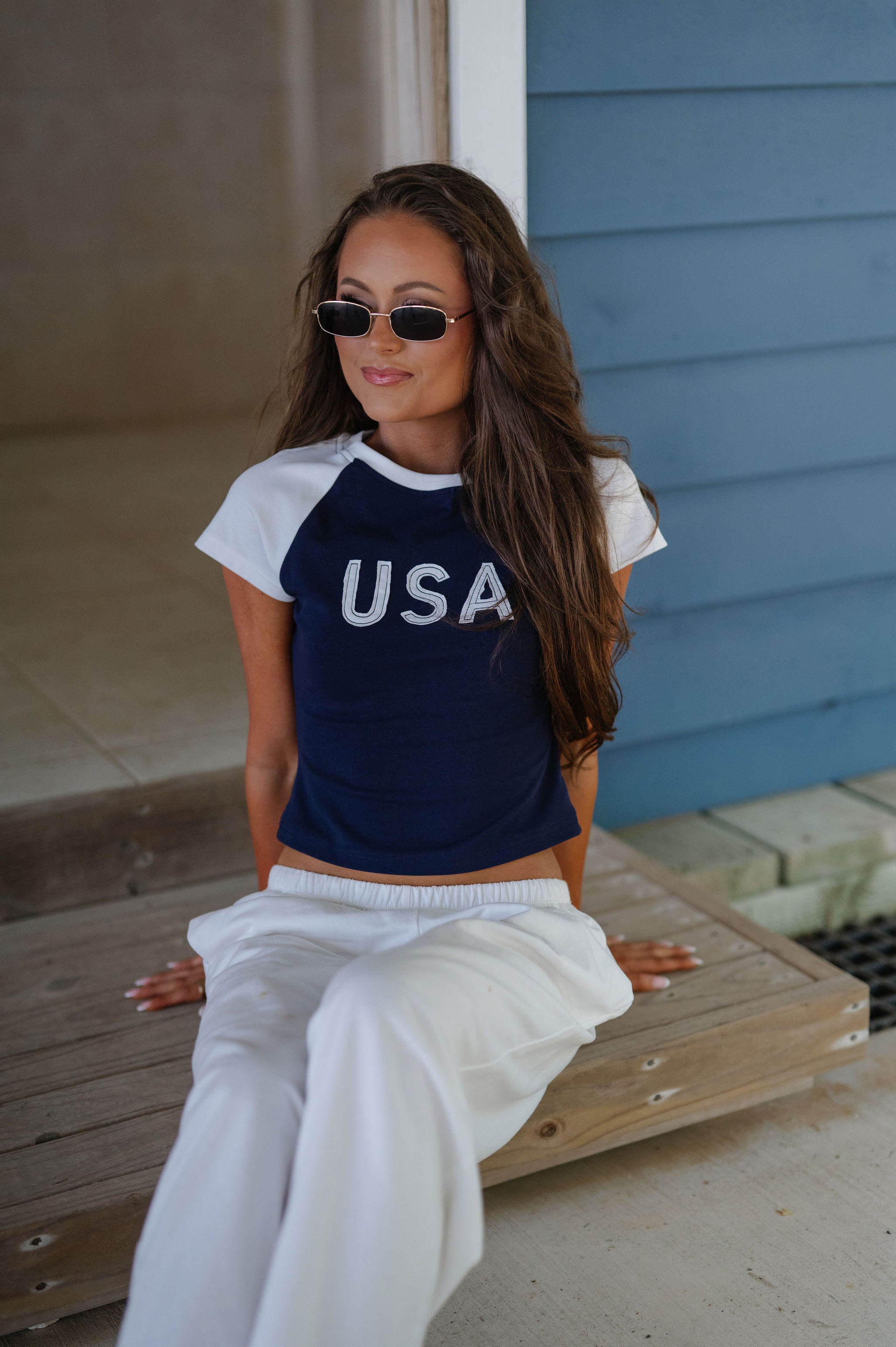 USA Color Block Baby Tee-Navy/White