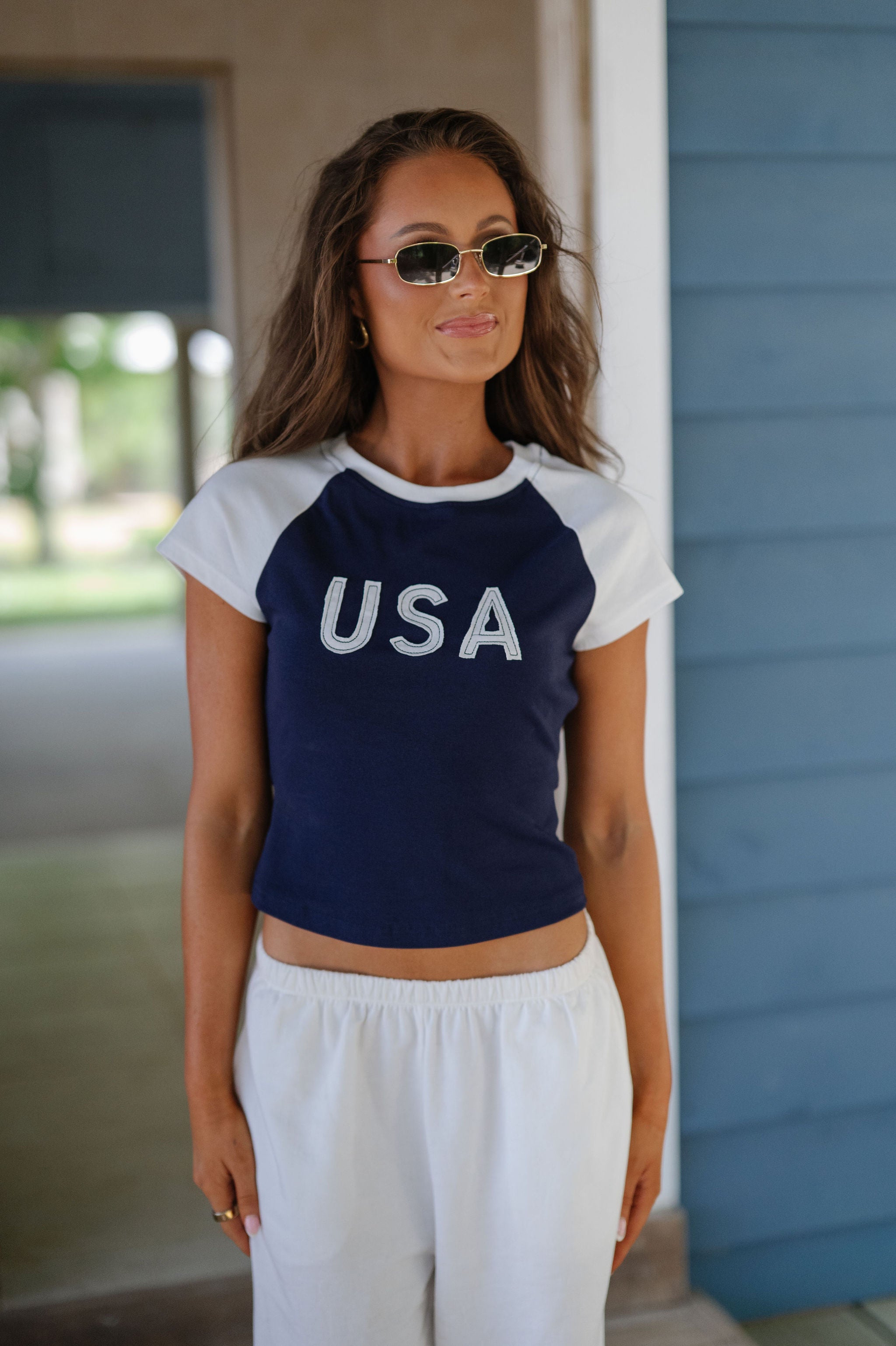 USA Color Block Baby Tee-Navy/White