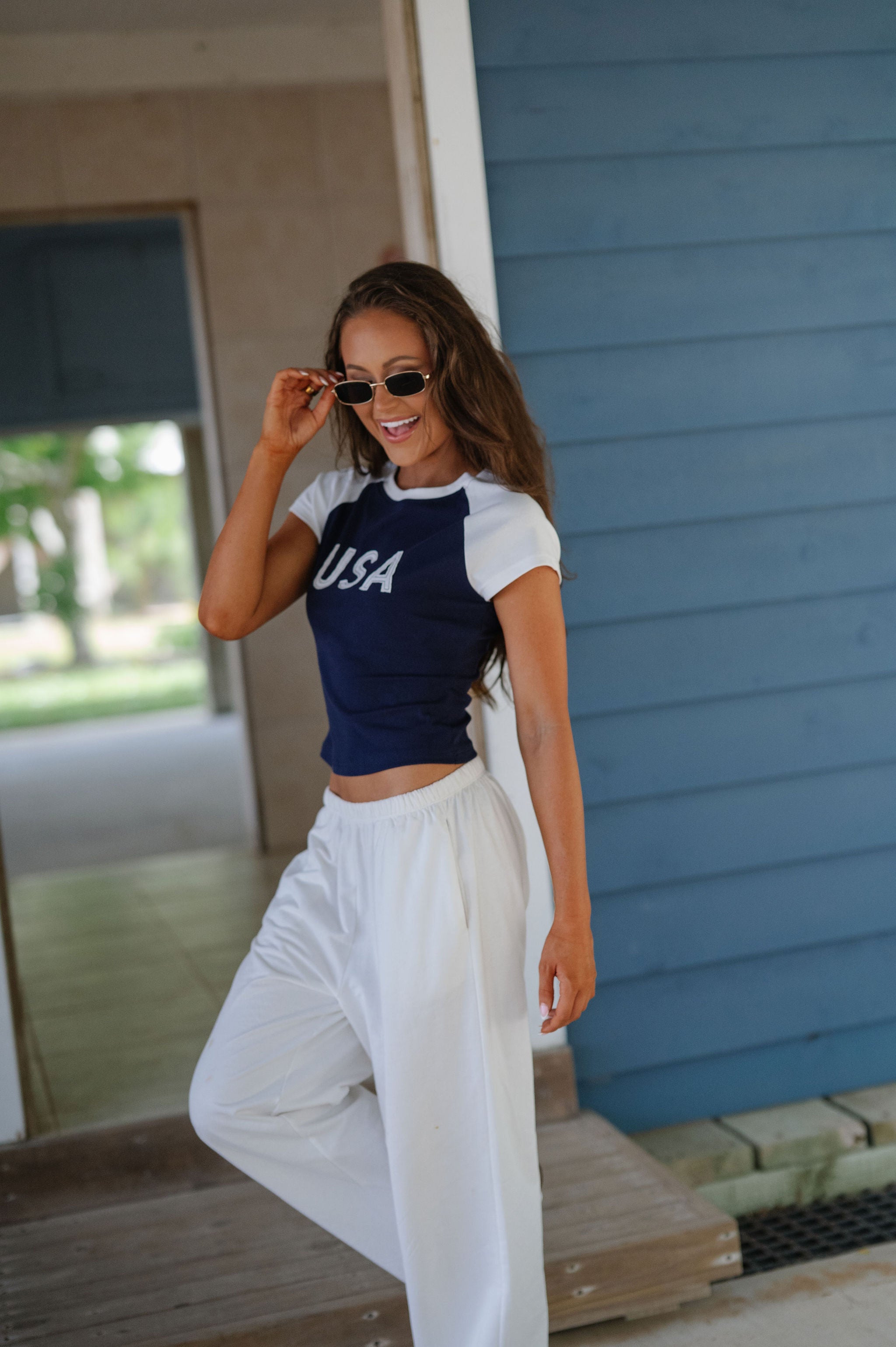 USA Color Block Baby Tee-Navy/White