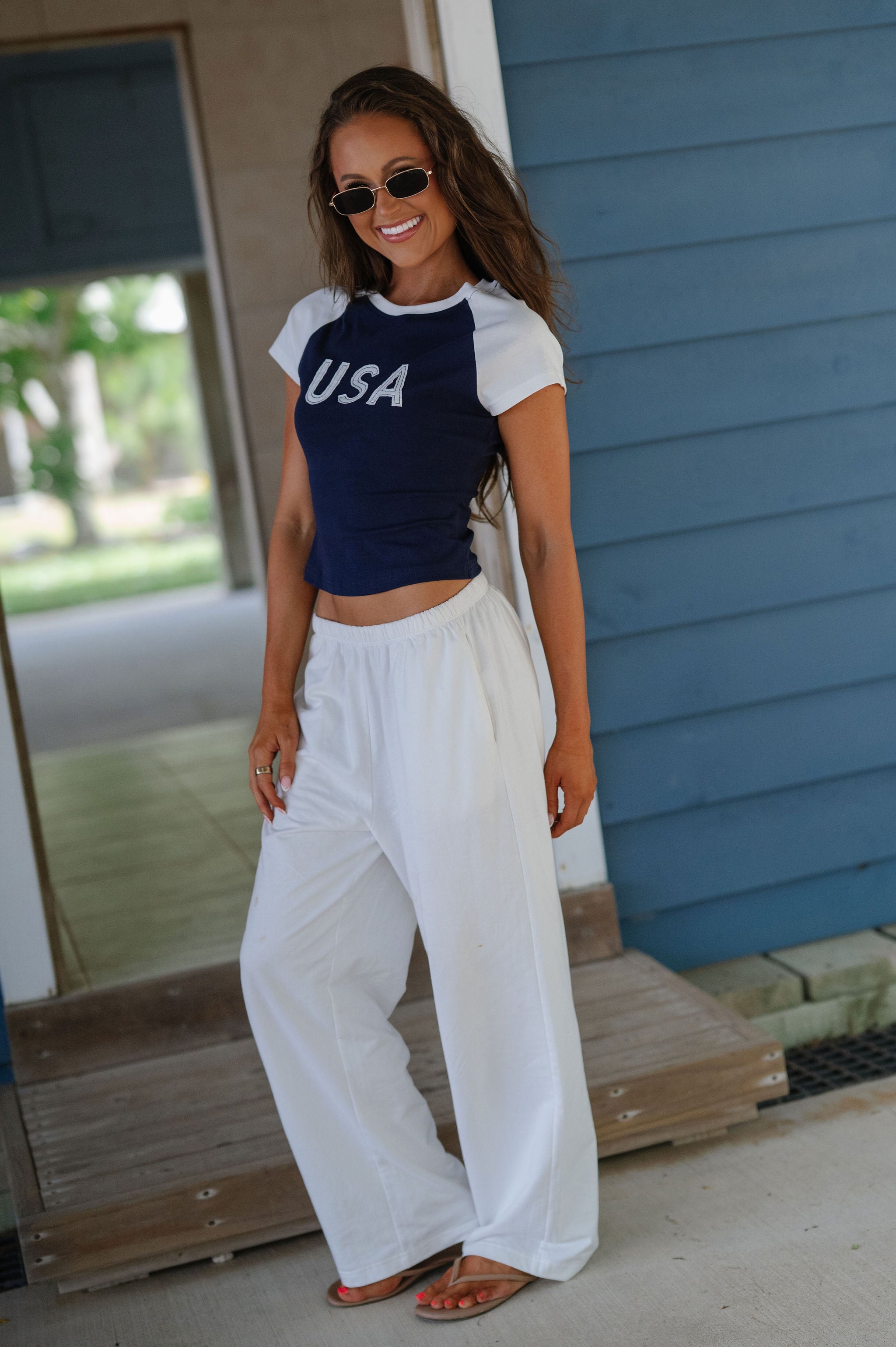 USA Color Block Baby Tee-Navy/White