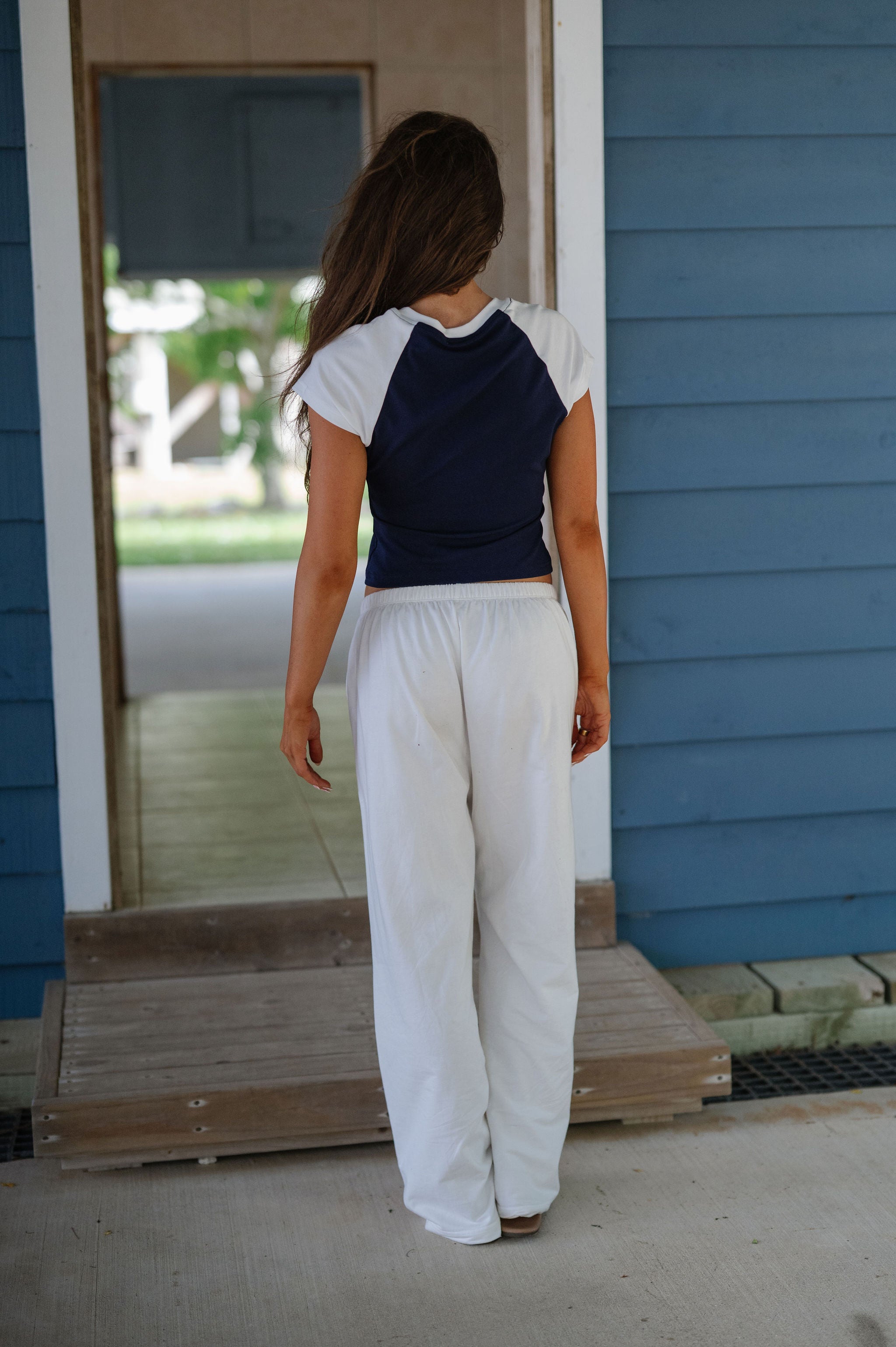USA Color Block Baby Tee-Navy/White