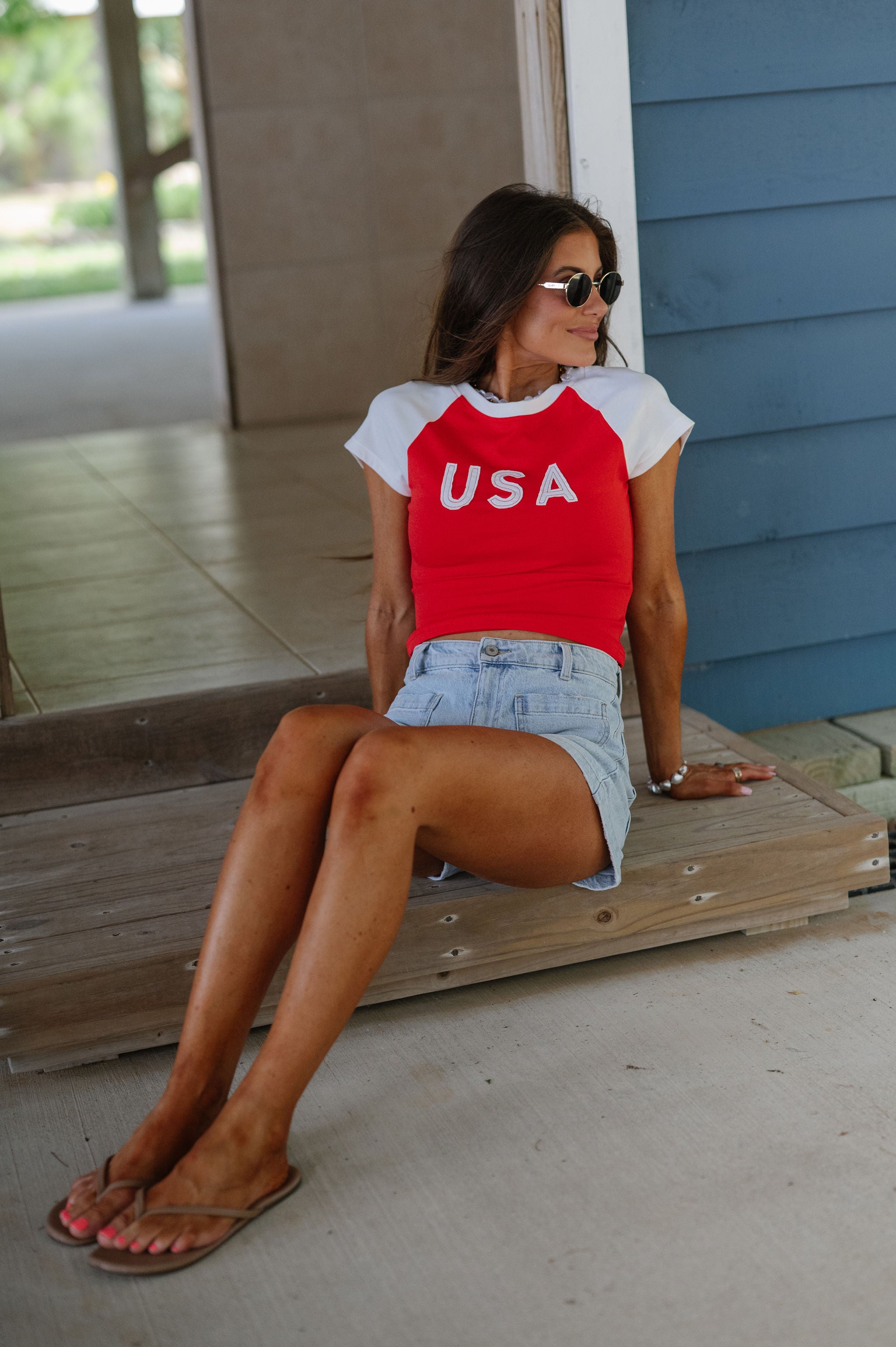 USA Color Block Baby Tee-Red/White