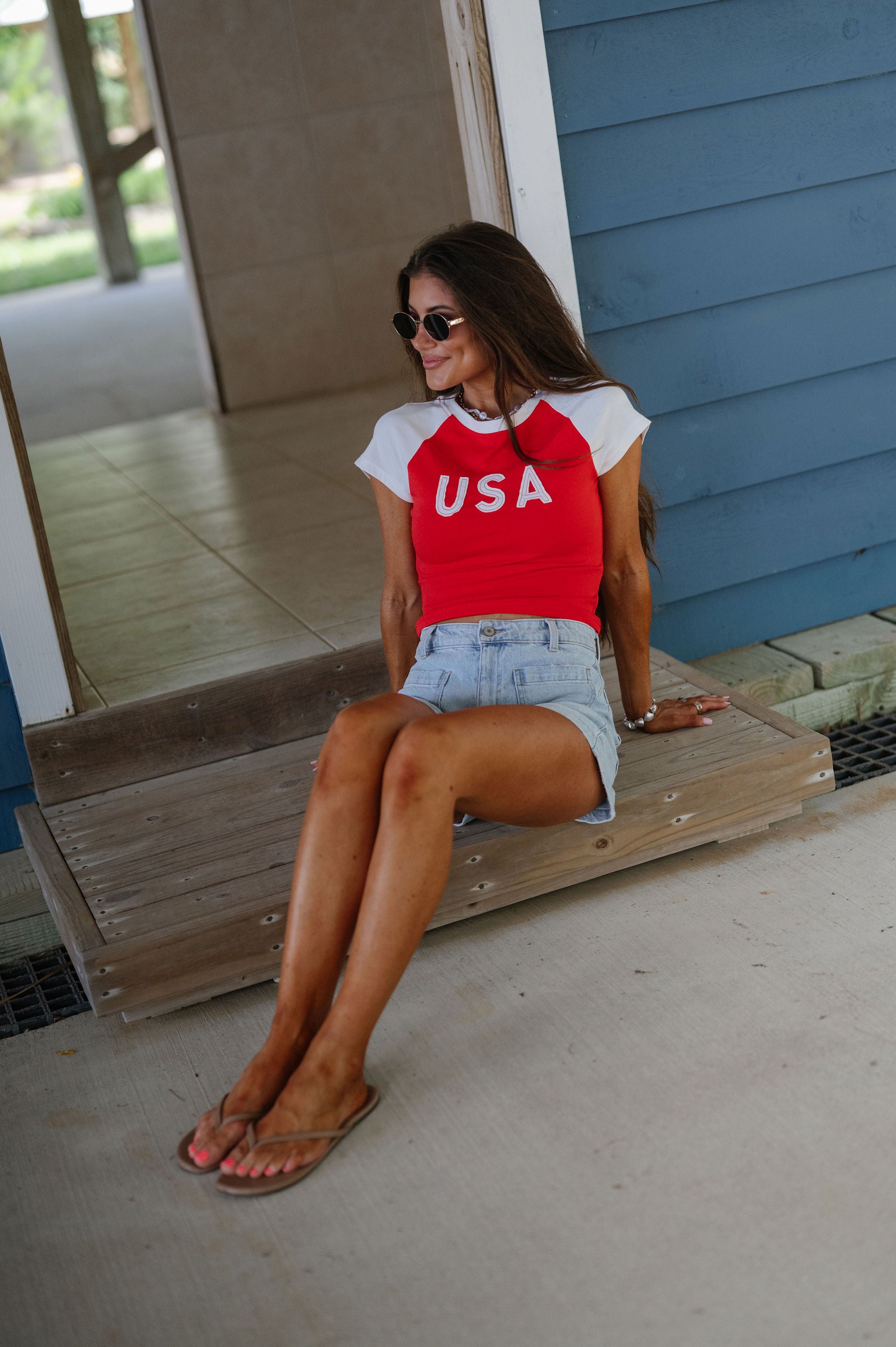 USA Color Block Baby Tee-Red/White