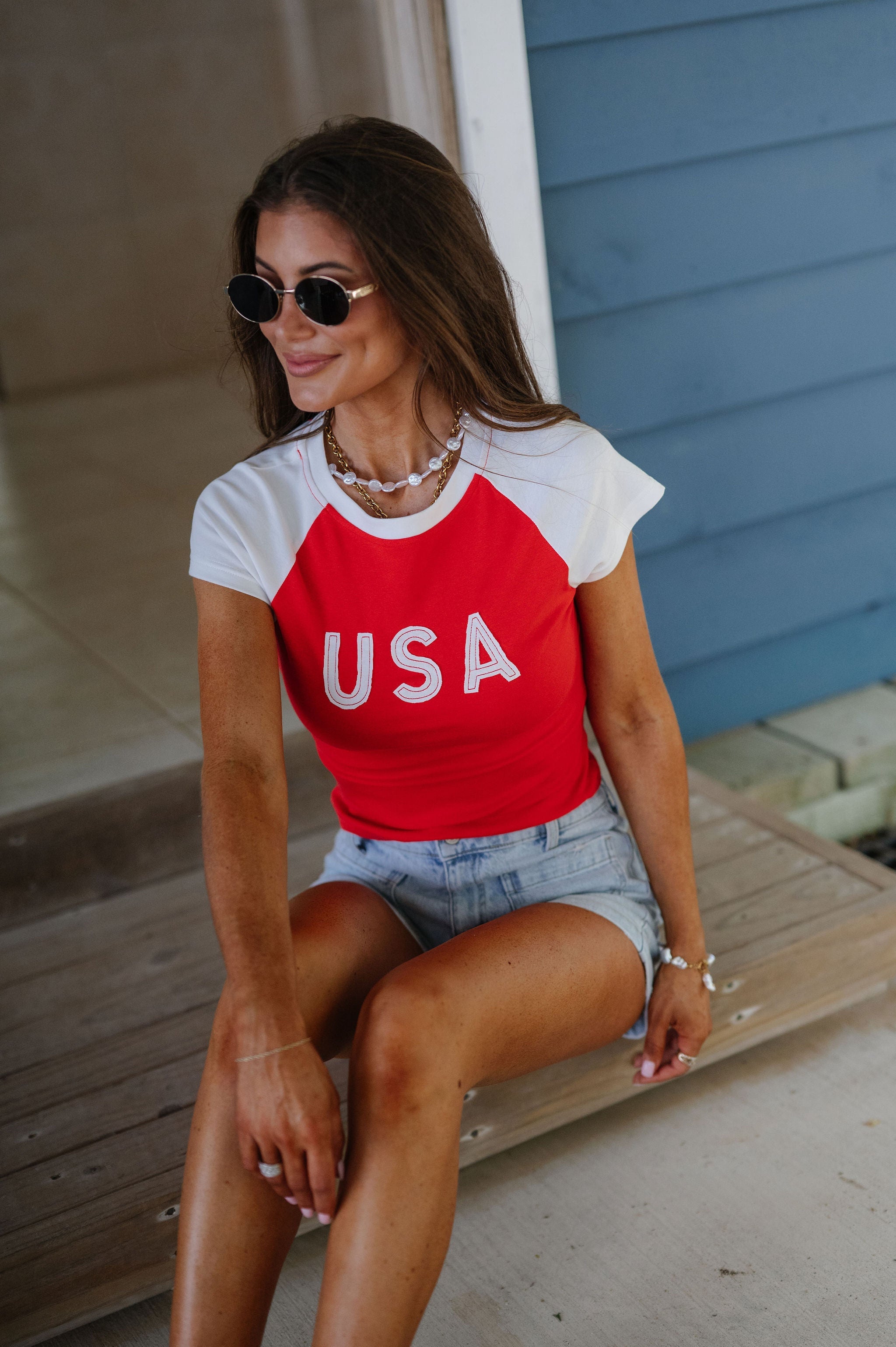 USA Color Block Baby Tee-Red/White