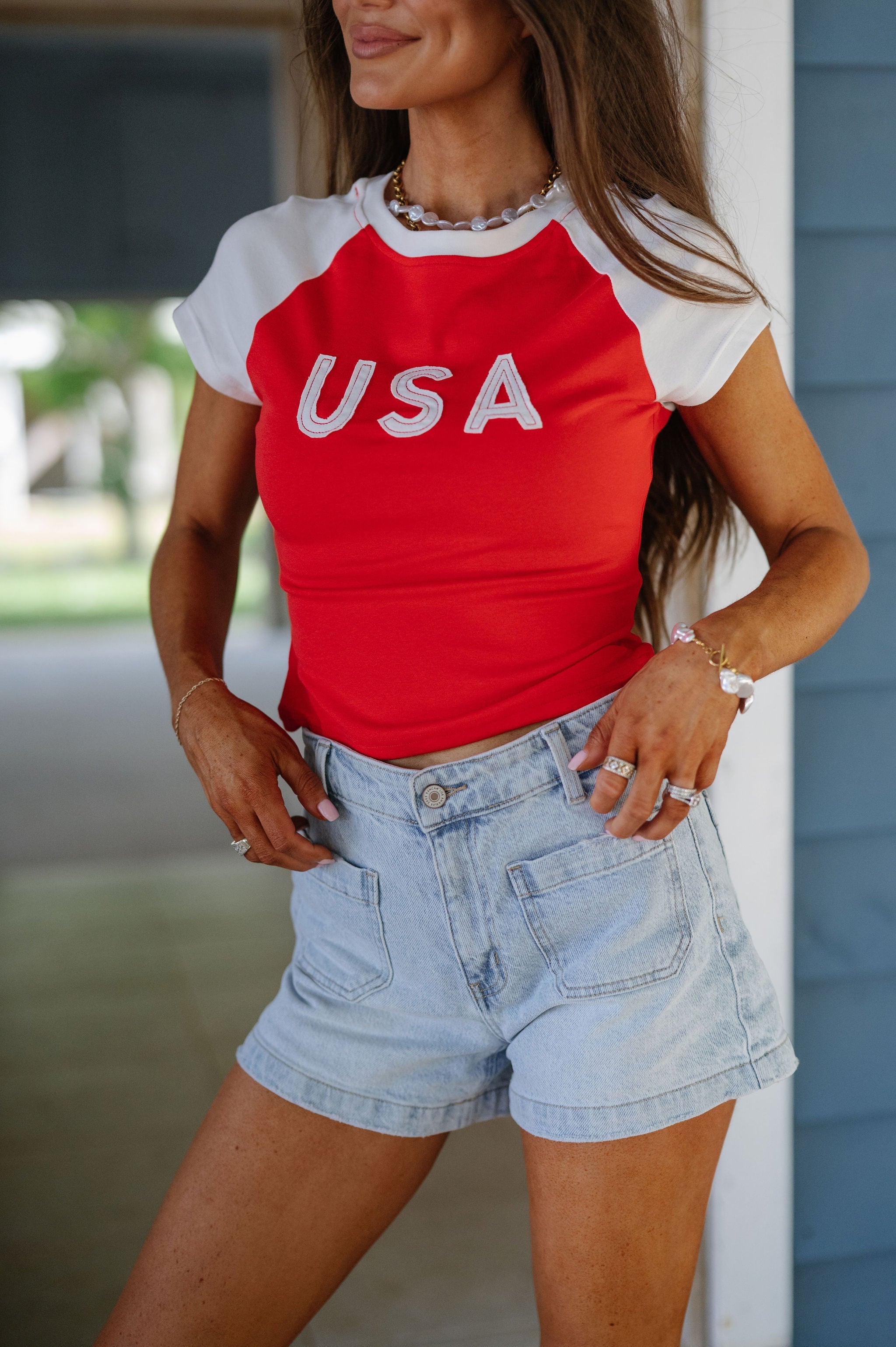 USA Color Block Baby Tee-Red/White