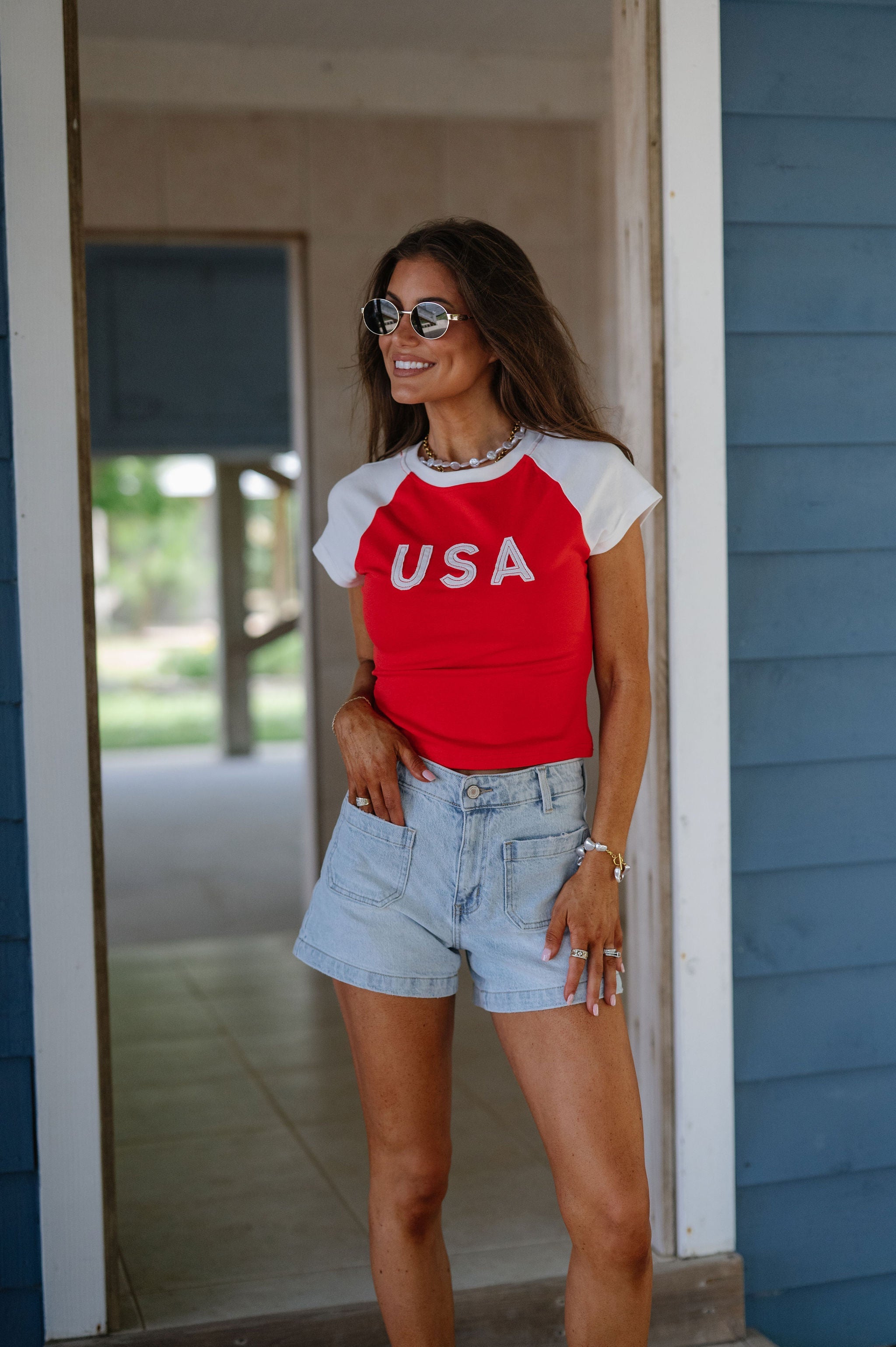 USA Color Block Baby Tee-Red/White