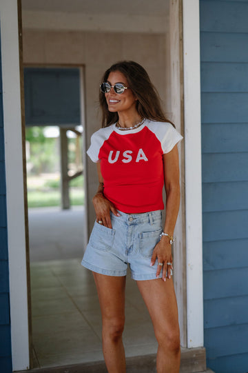 USA Color Block Baby Tee-Red/White