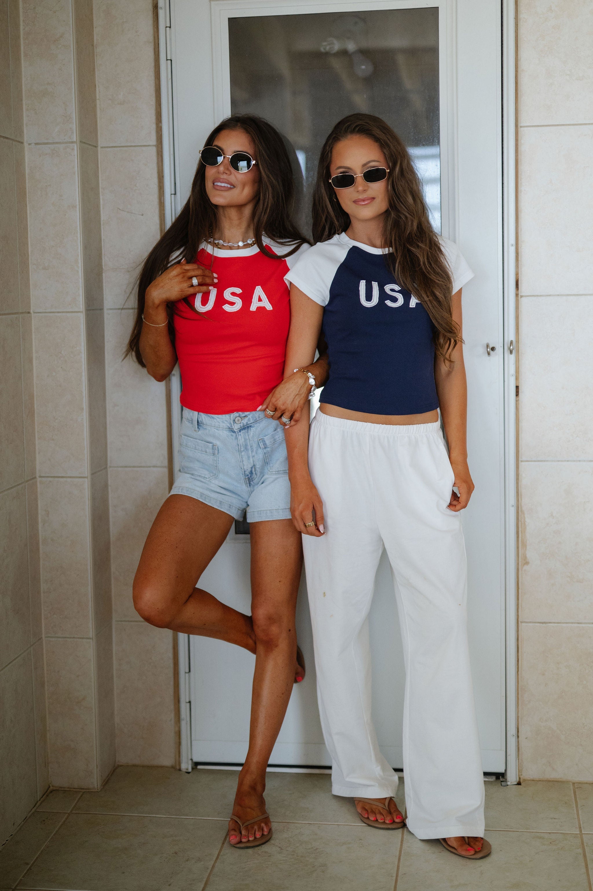 USA Color Block Baby Tee-Navy/White