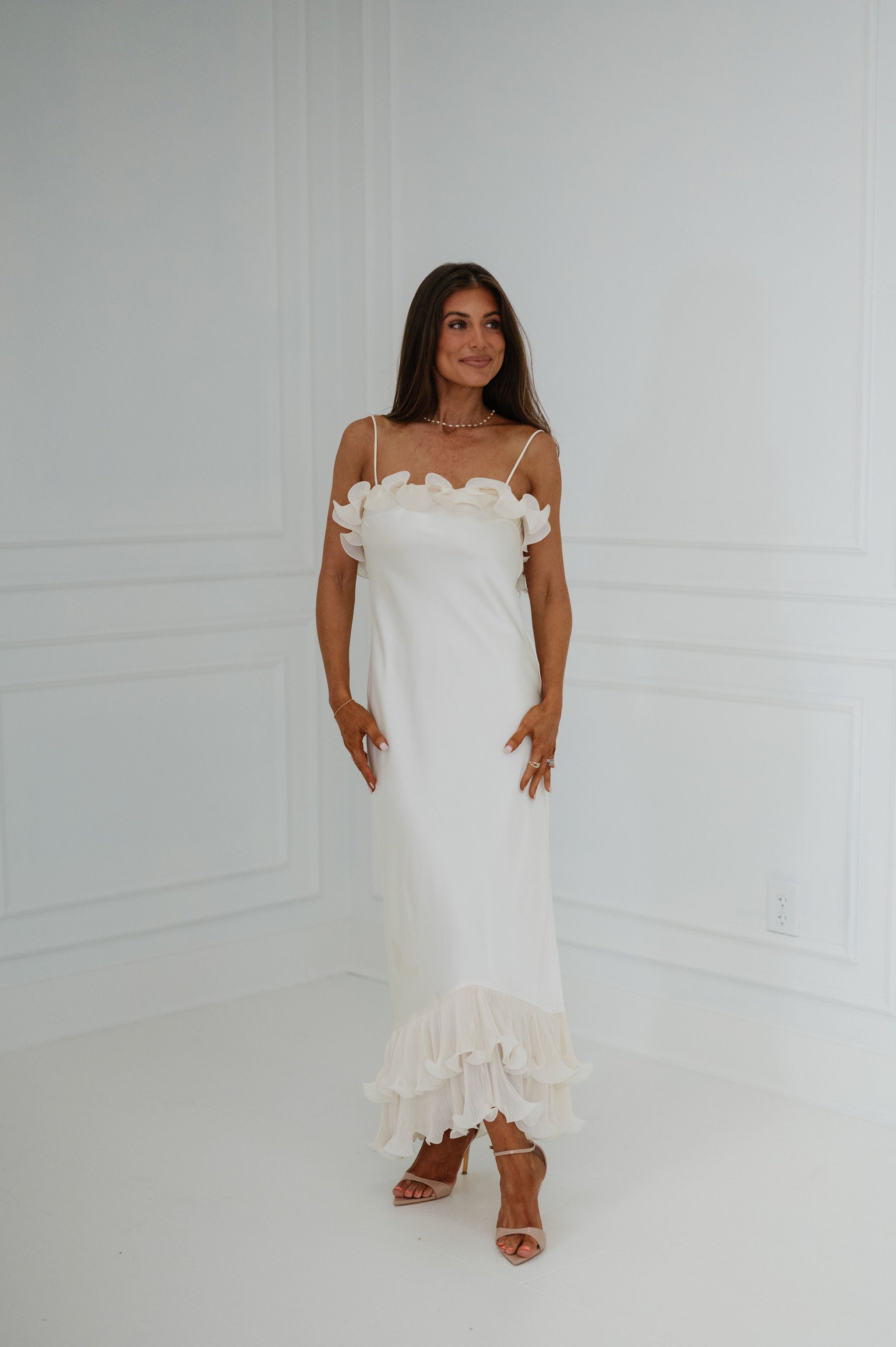 Alice Asymmetrical Off Shoulder Midi Dress-Oyster