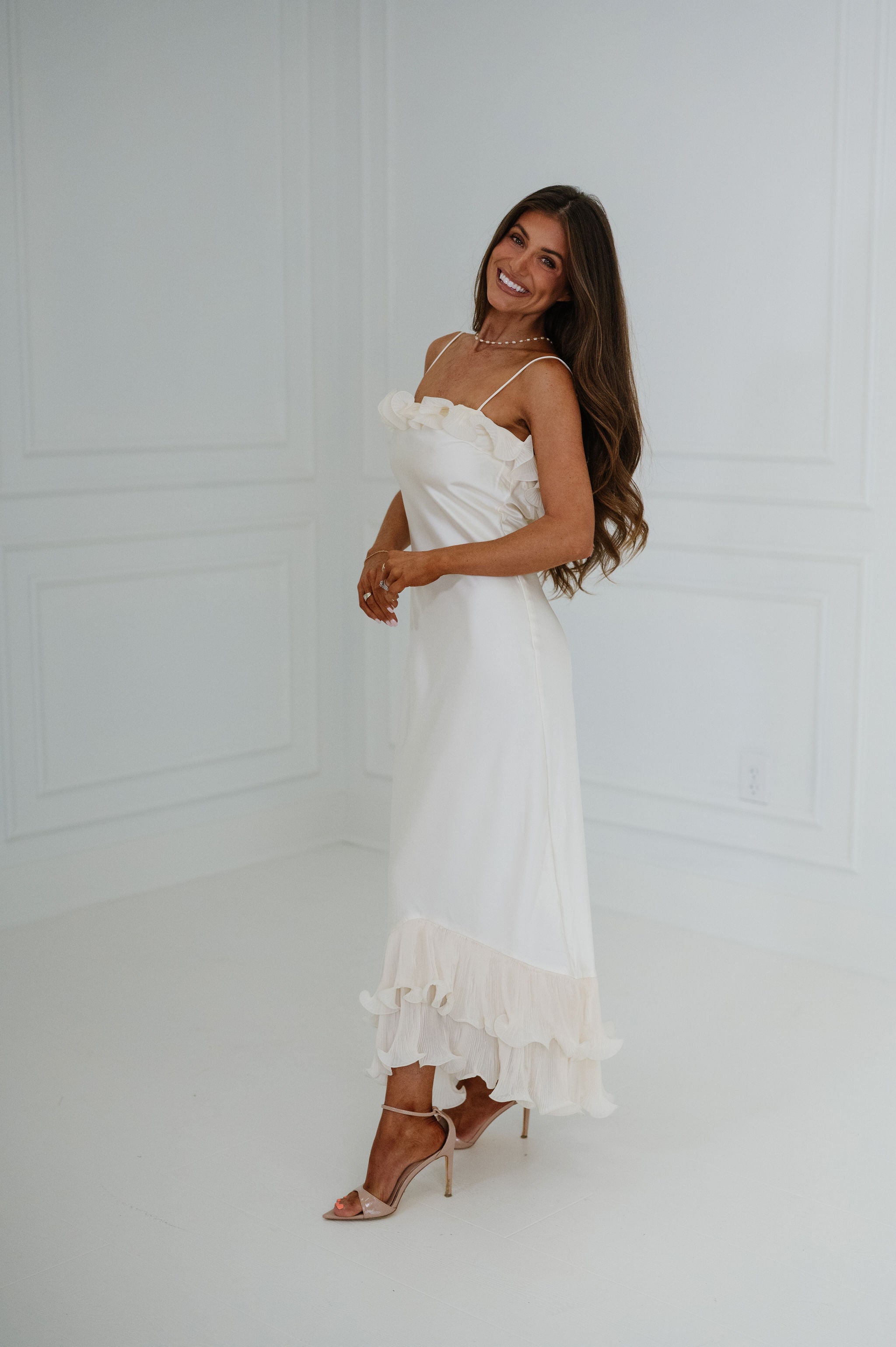 Alice Asymmetrical Off Shoulder Midi Dress-Oyster