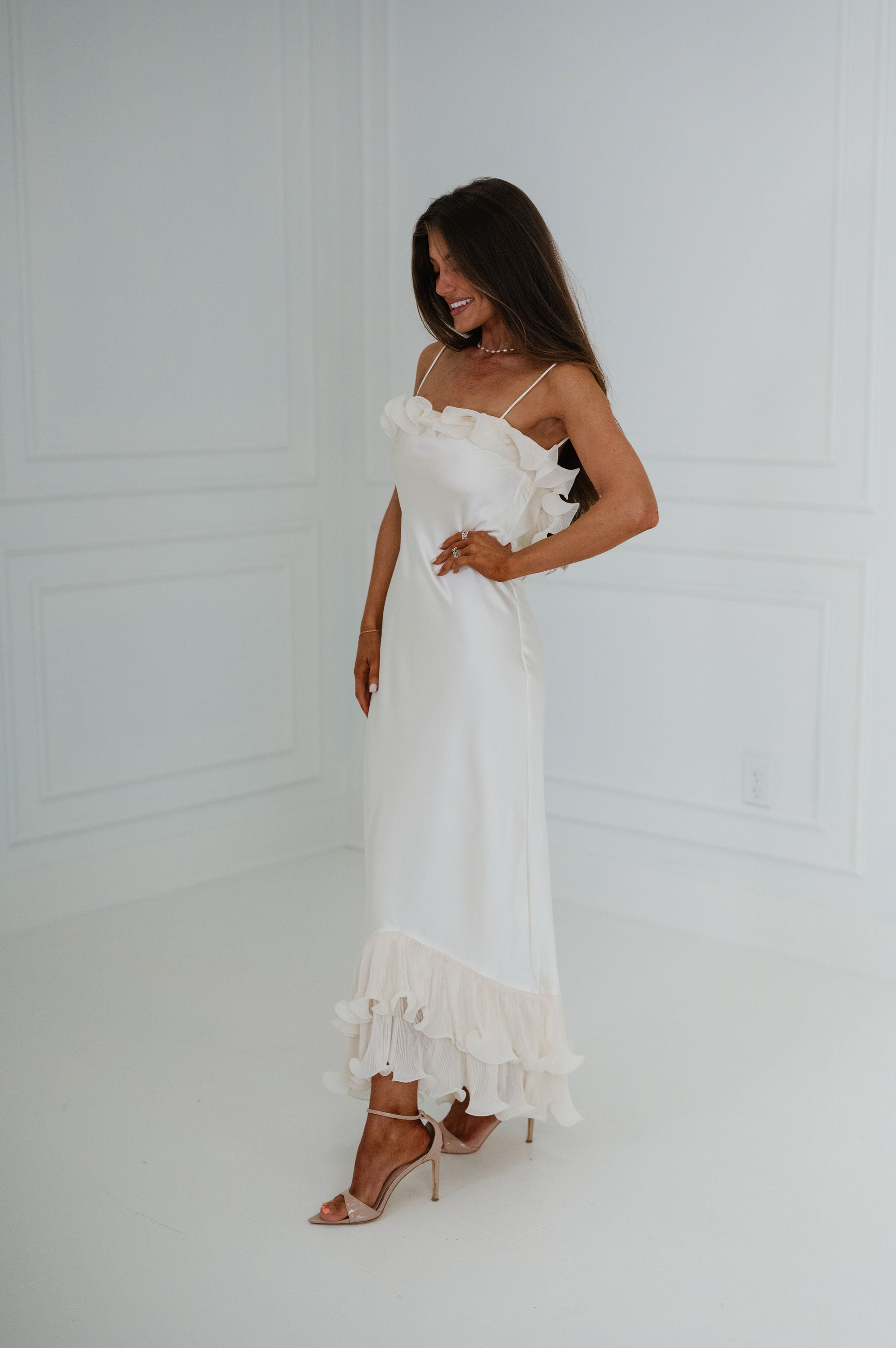 Alice Asymmetrical Off Shoulder Midi Dress-Oyster