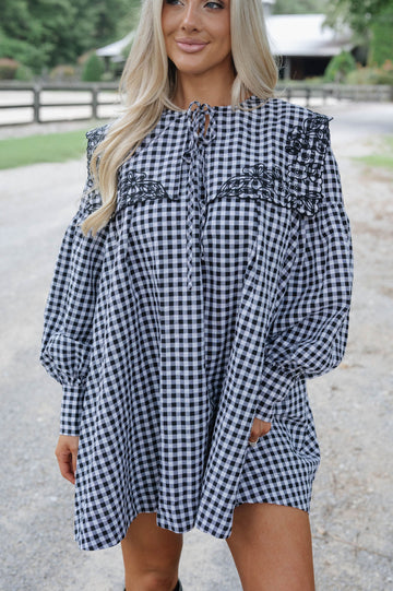 Aspen Gingham Babydoll Dress-Black