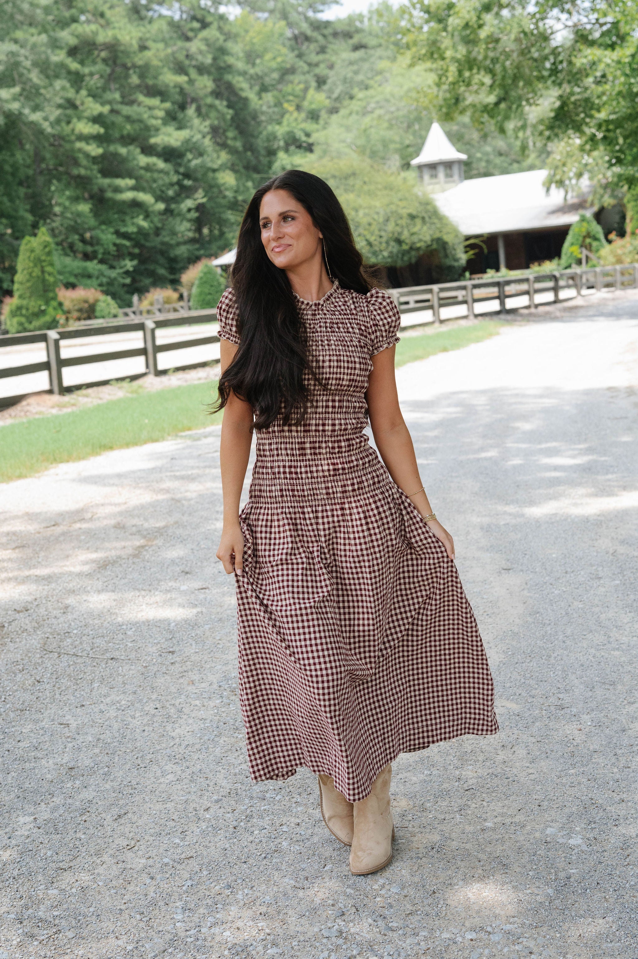 Amelia Gingham Midi Dress-Burgundy/Taupe
