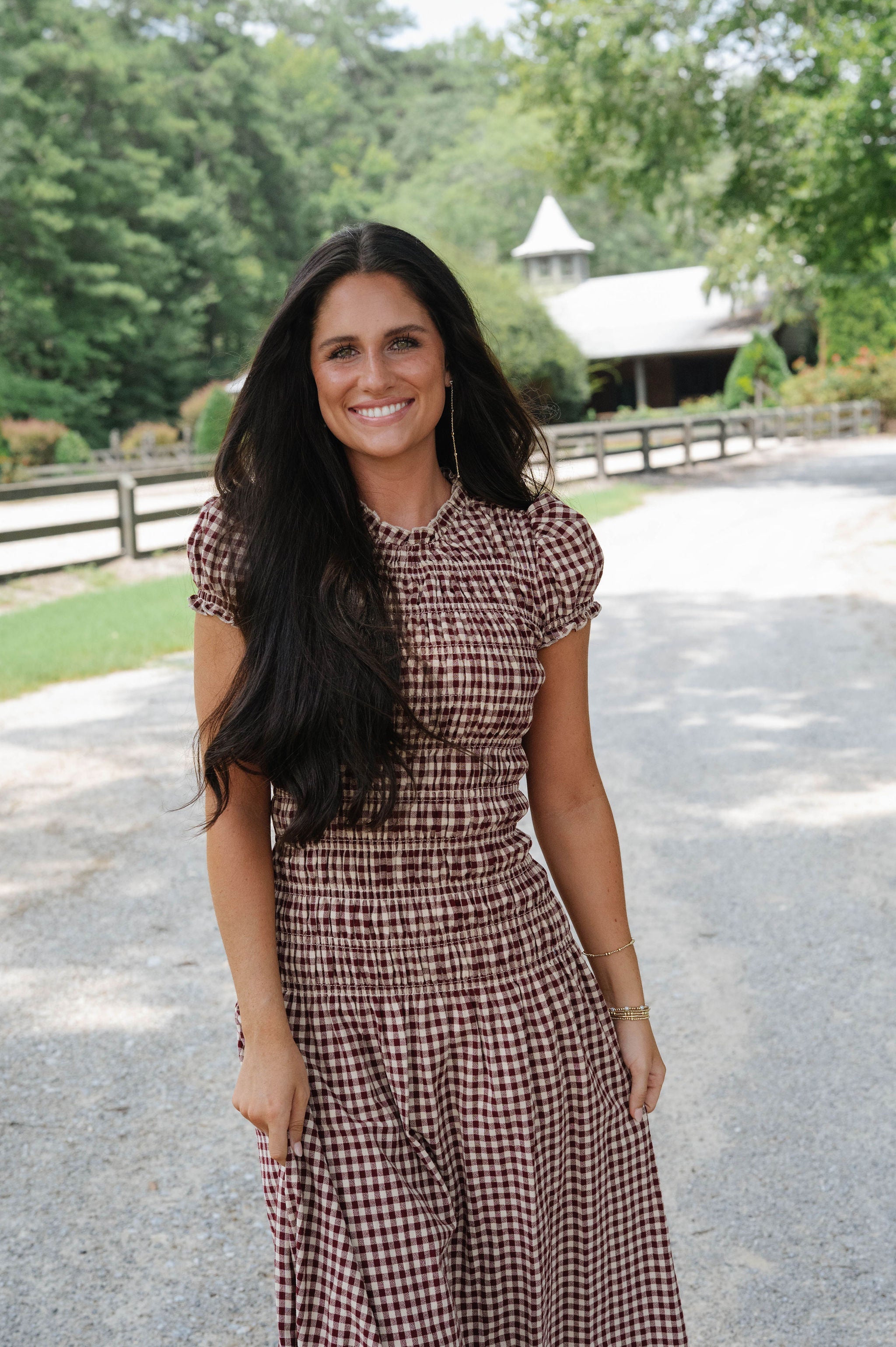 Amelia Gingham Midi Dress-Burgundy/Taupe