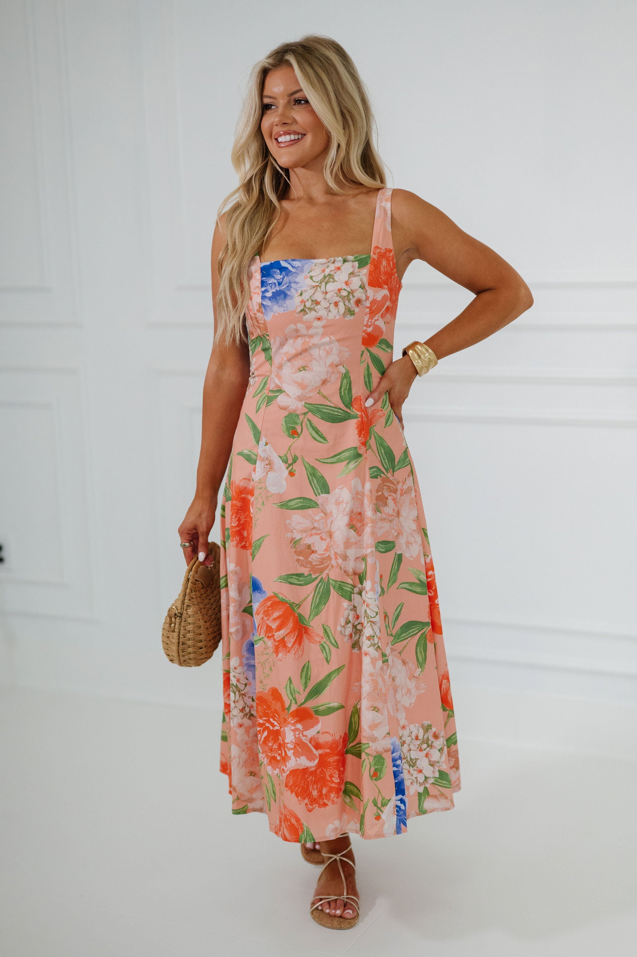 Aruba Floral Midi Dress-Peach