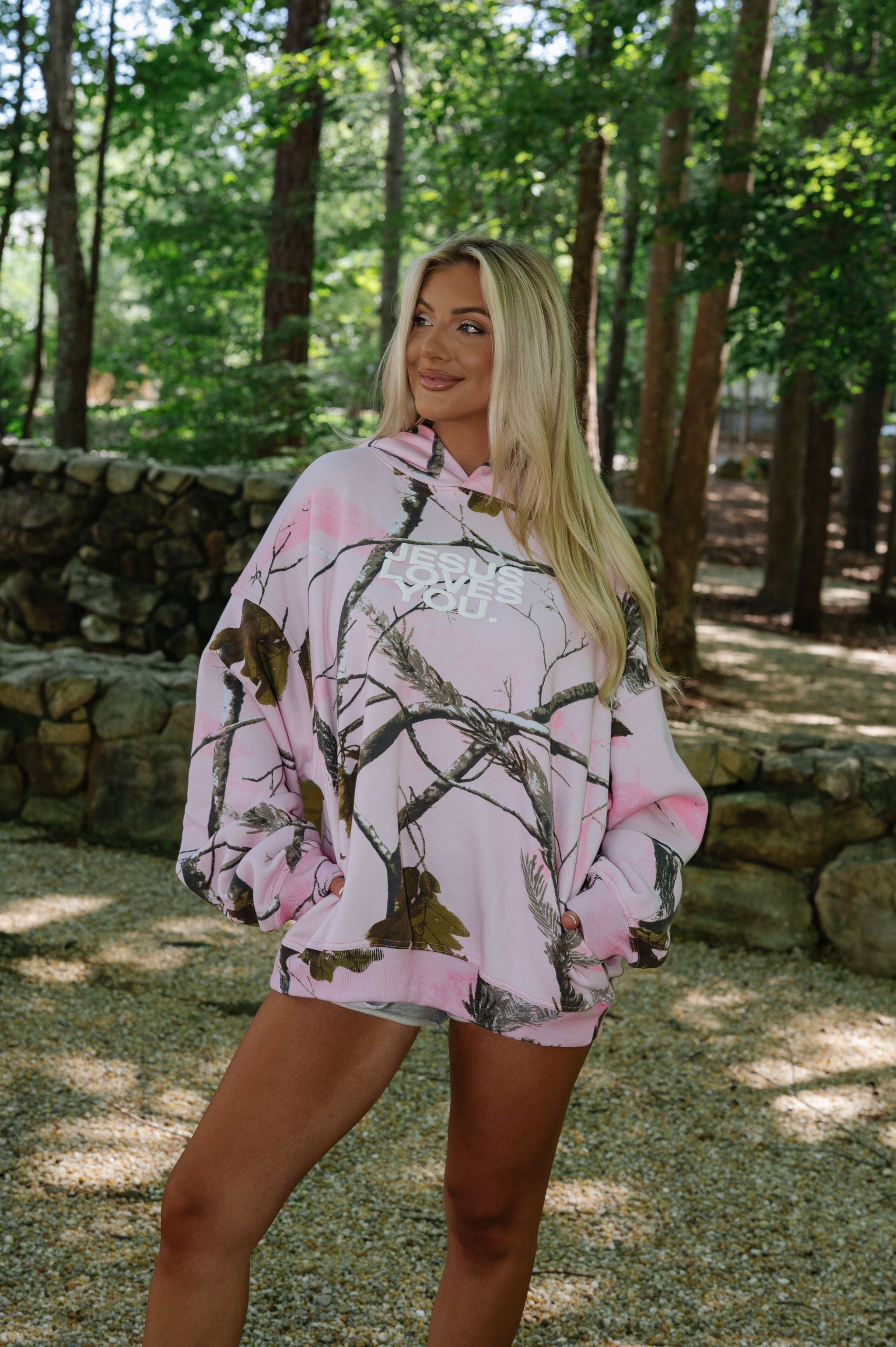 Jesus Loves You Woodland Hoodie-Pink Camo
