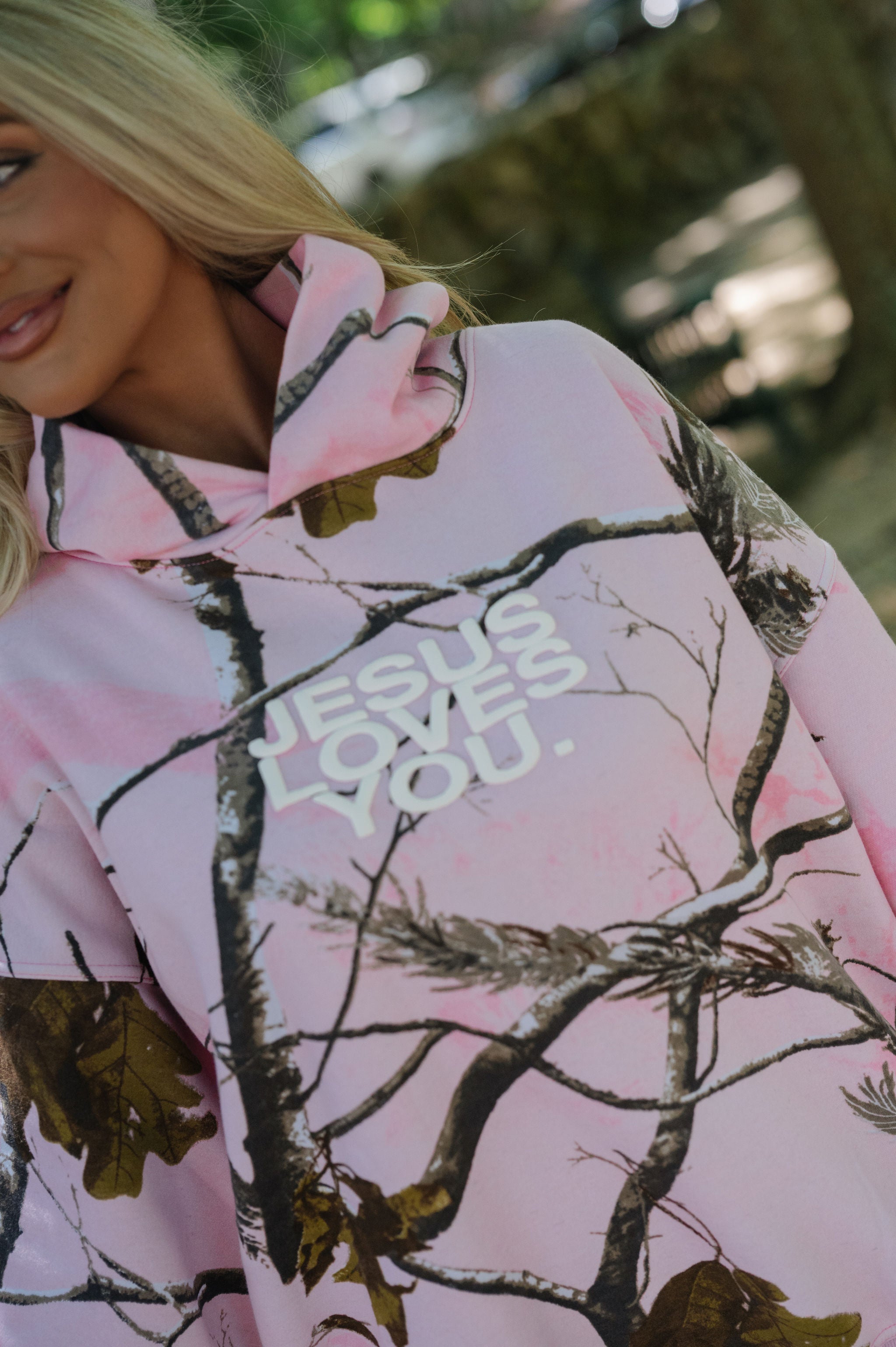 Jesus Loves You Woodland Hoodie-Pink Camo