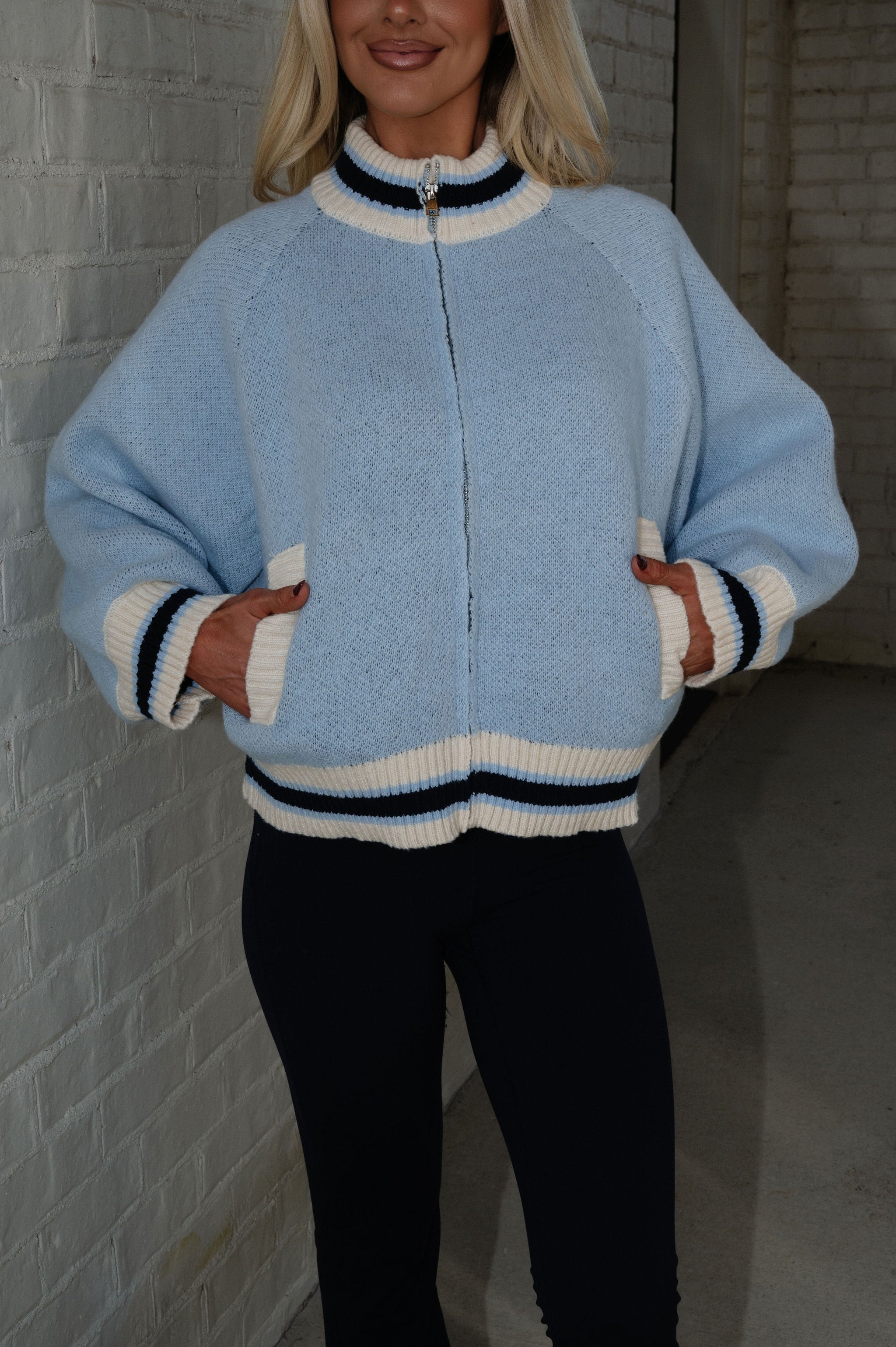 Let's Ride Zip Cardigan-Sky Blue