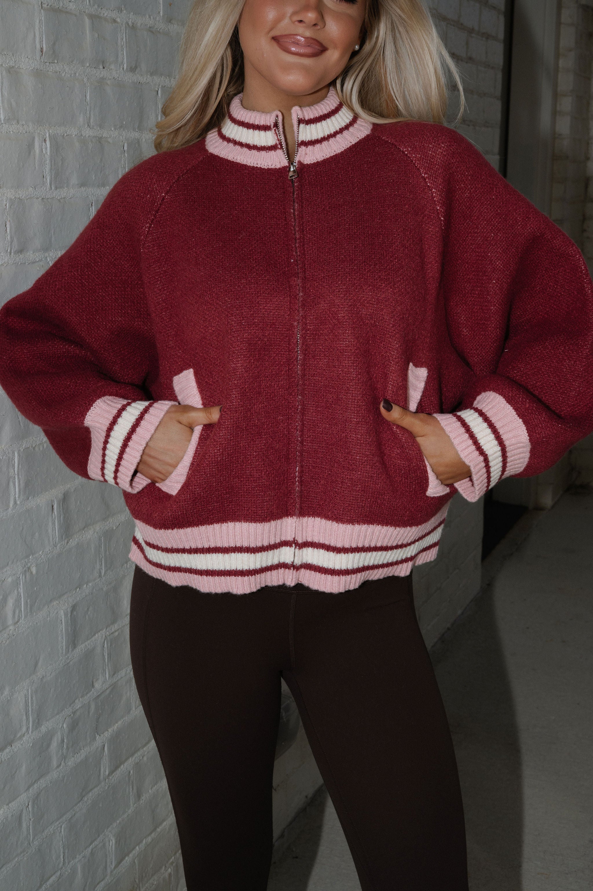 Let's Ride Zip Cardigan-Maroon