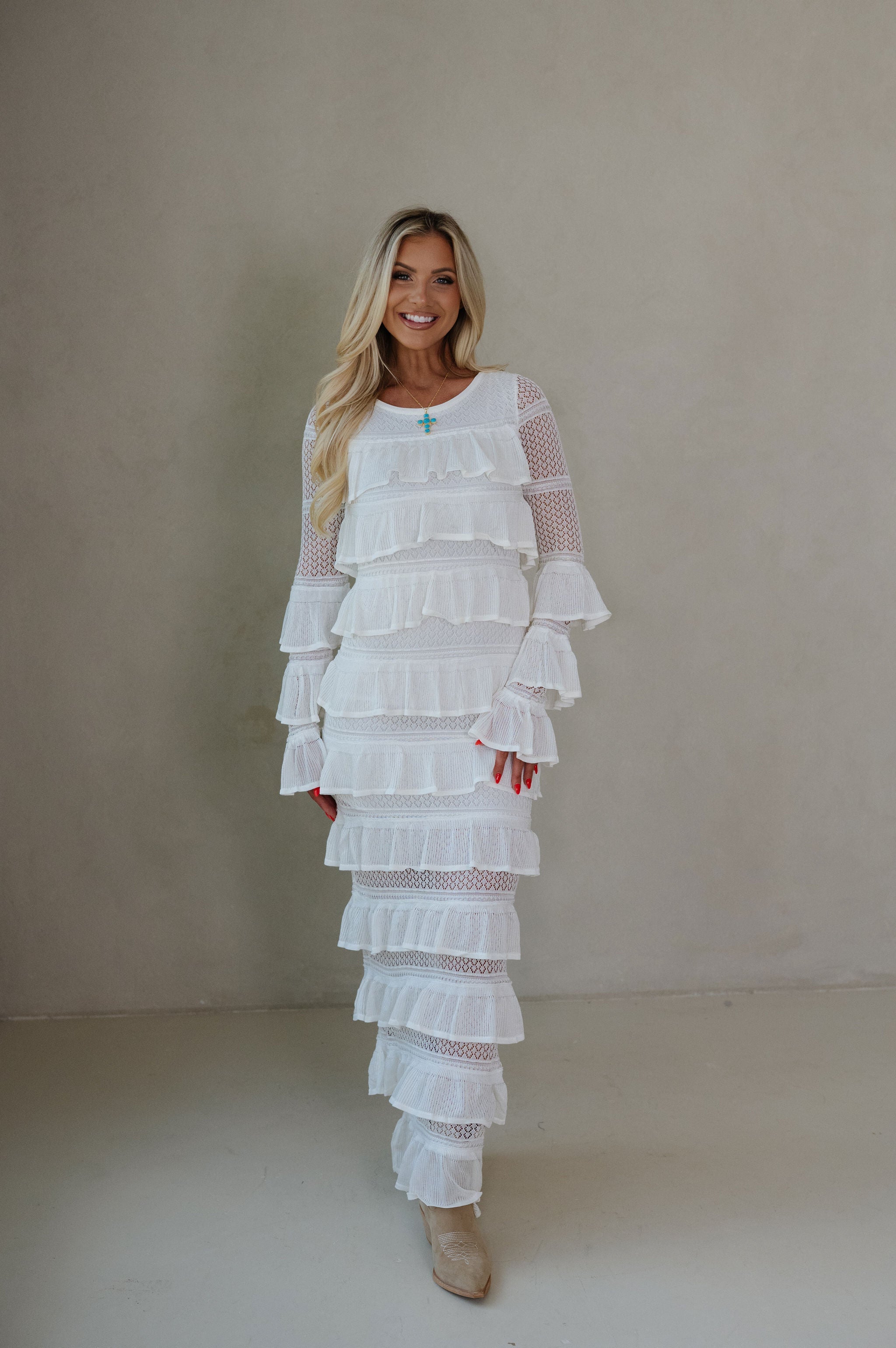 Ally Long Sleeve Tiered Ruffle Maxi Dress-Cream