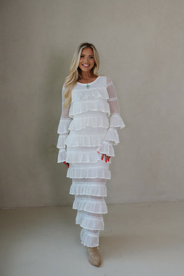 Ally Long Sleeve Tiered Ruffle Maxi Dress-Cream