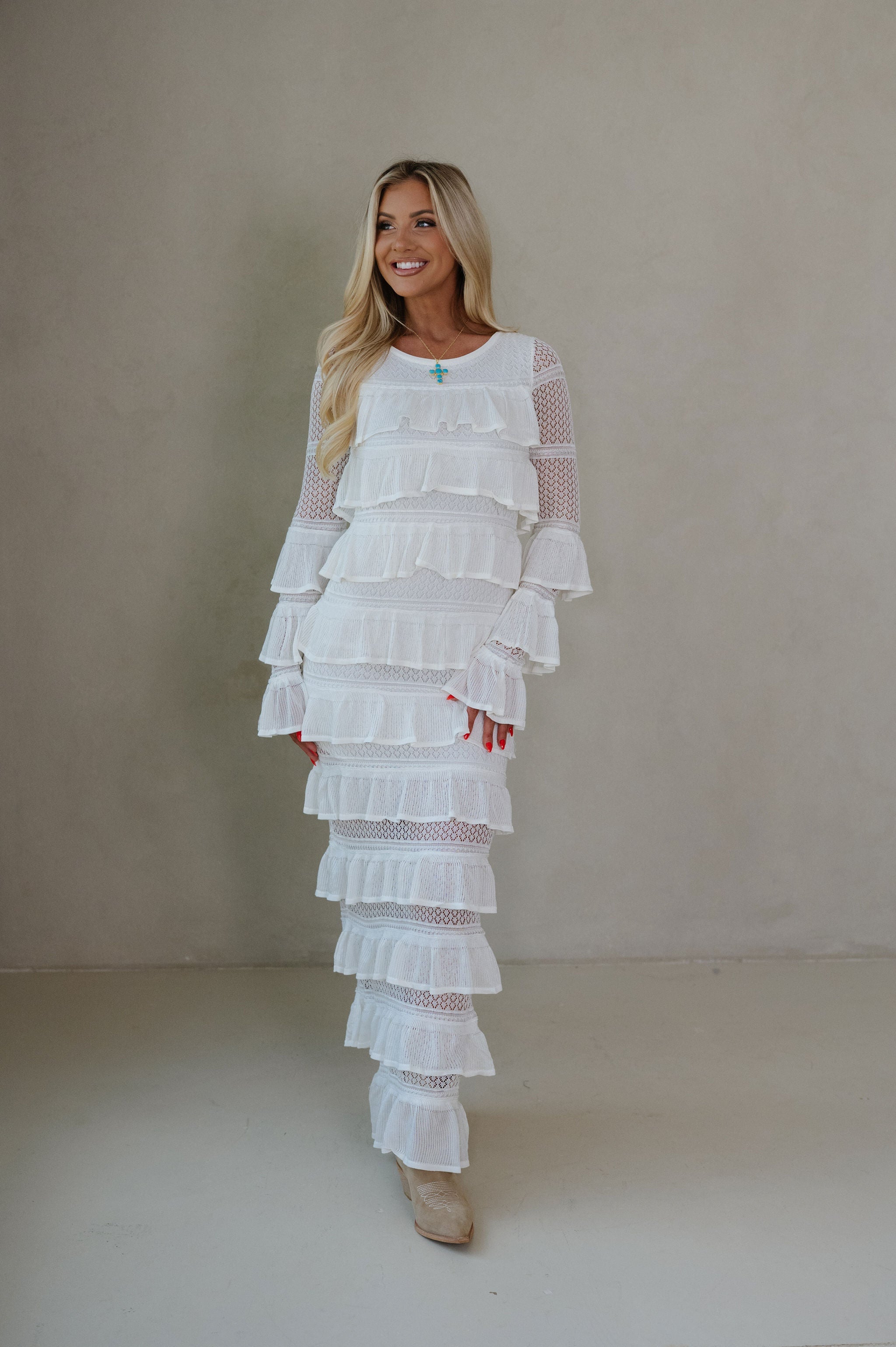 Ally Long Sleeve Tiered Ruffle Maxi Dress-Cream