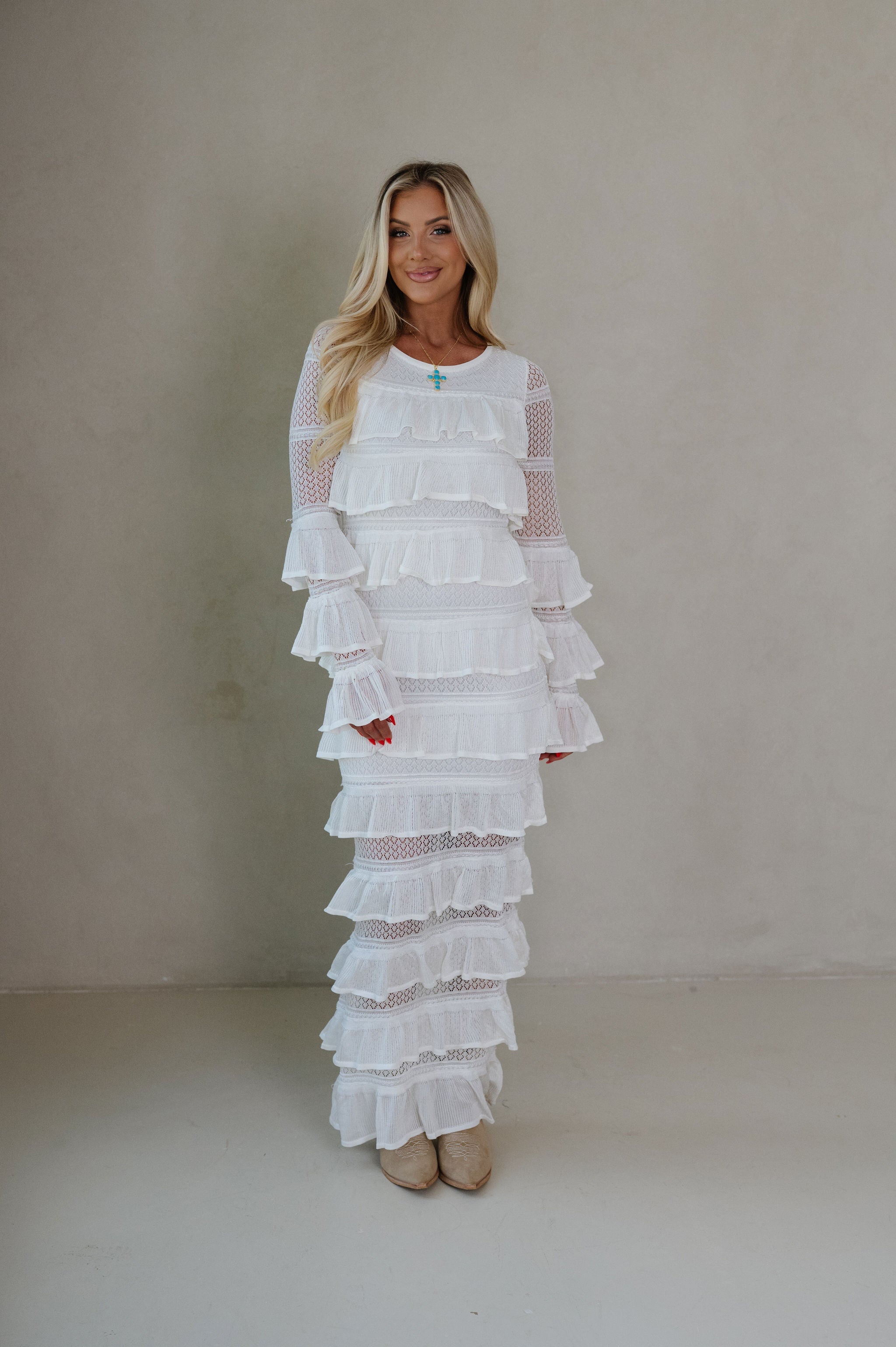 Ally Long Sleeve Tiered Ruffle Maxi Dress-Cream