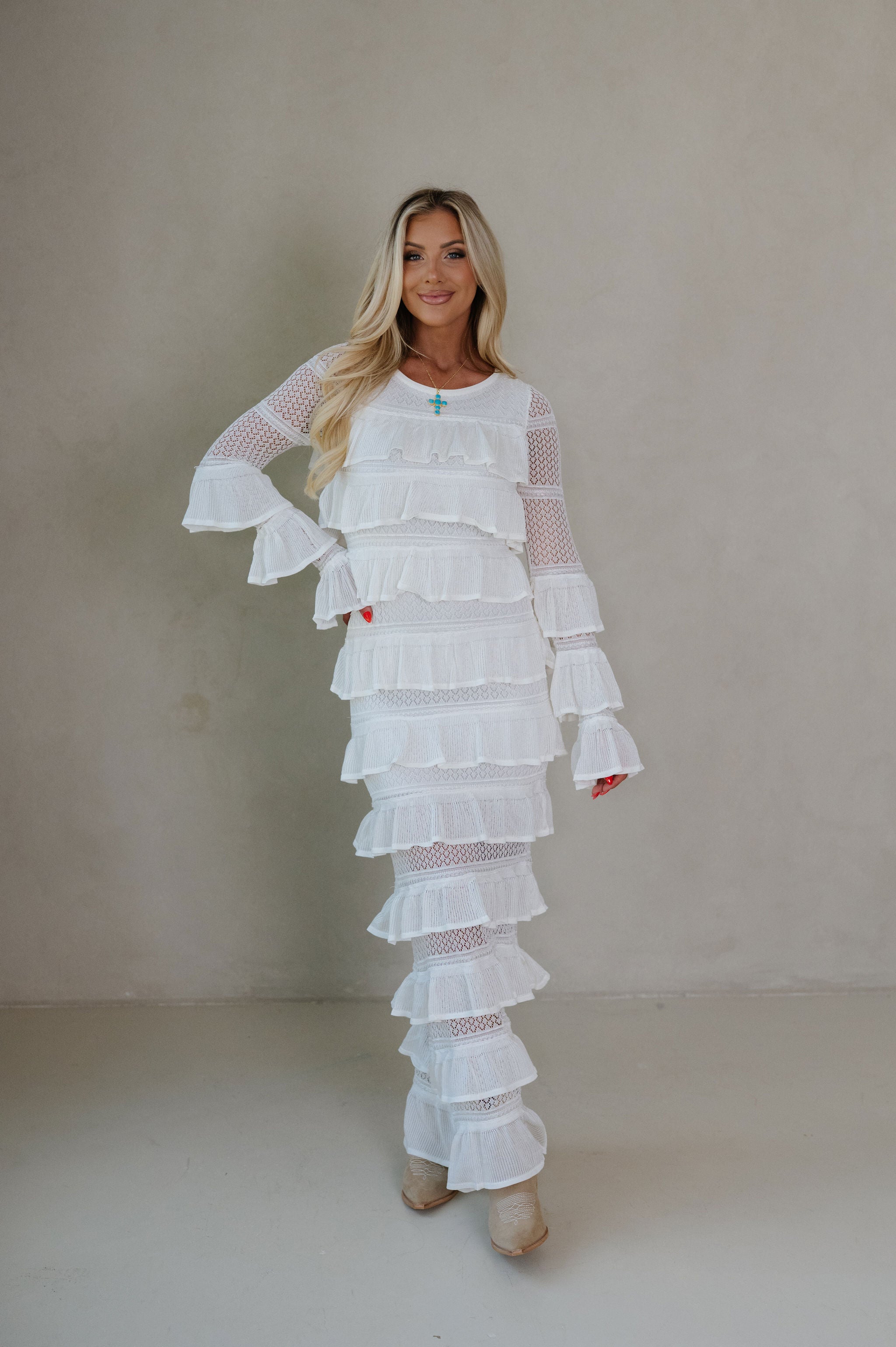 Ally Long Sleeve Tiered Ruffle Maxi Dress-Cream