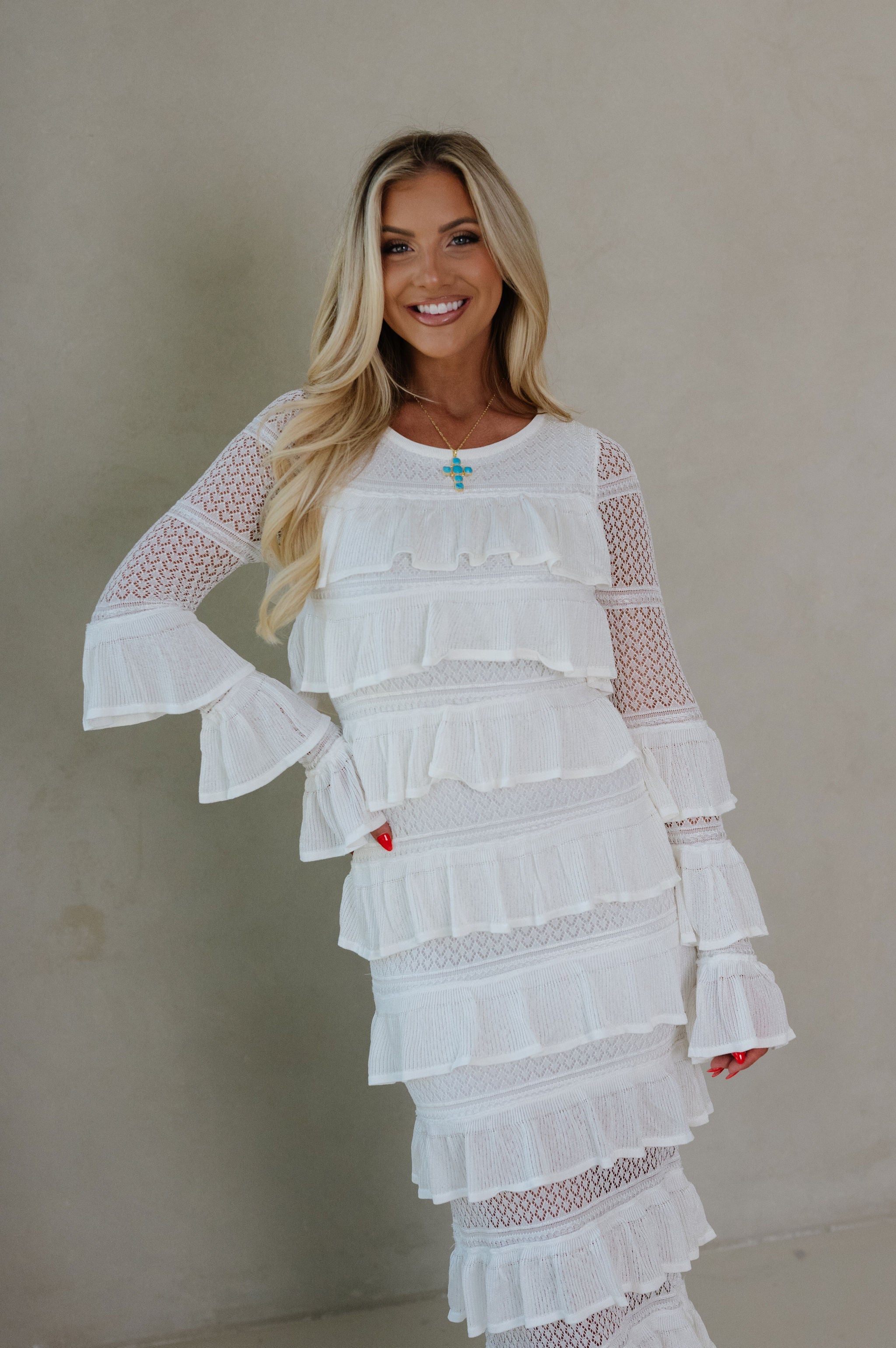 Ally Long Sleeve Tiered Ruffle Maxi Dress-Cream