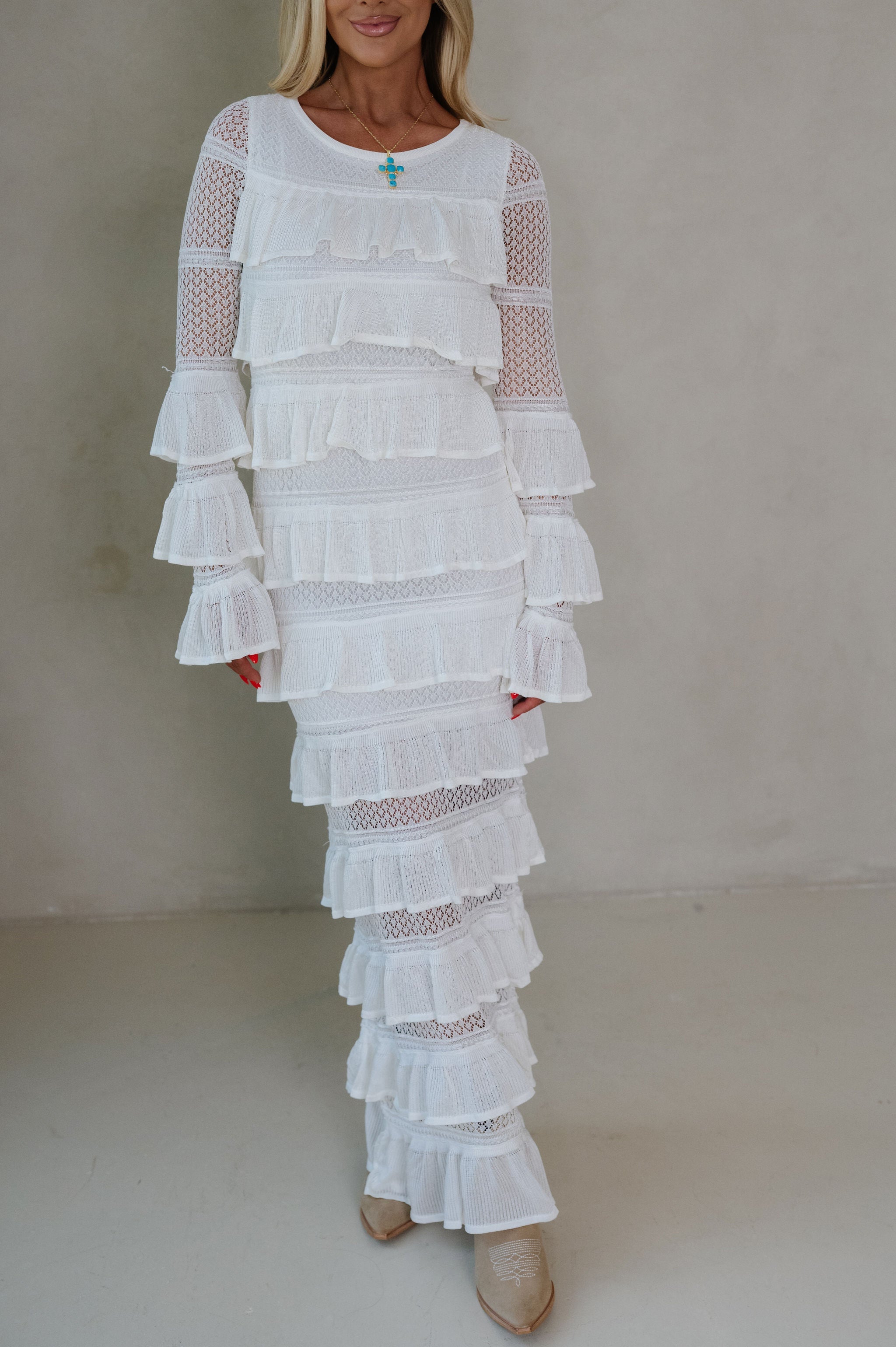 Ally Long Sleeve Tiered Ruffle Maxi Dress-Cream