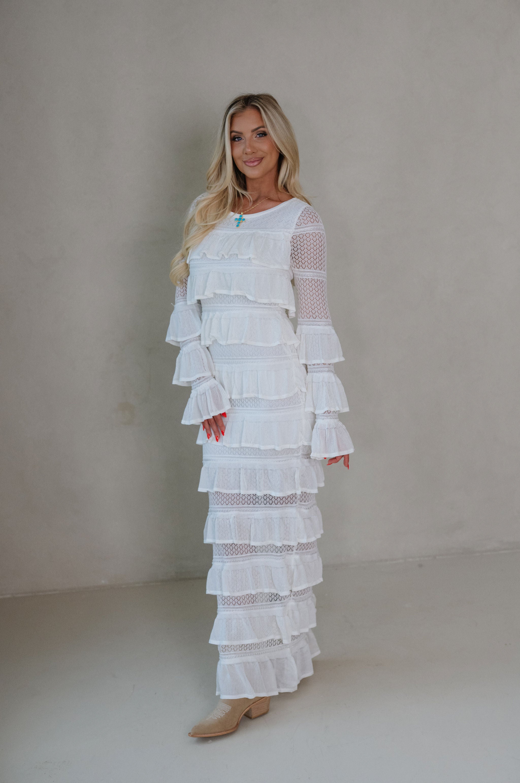 Ally Long Sleeve Tiered Ruffle Maxi Dress-Cream
